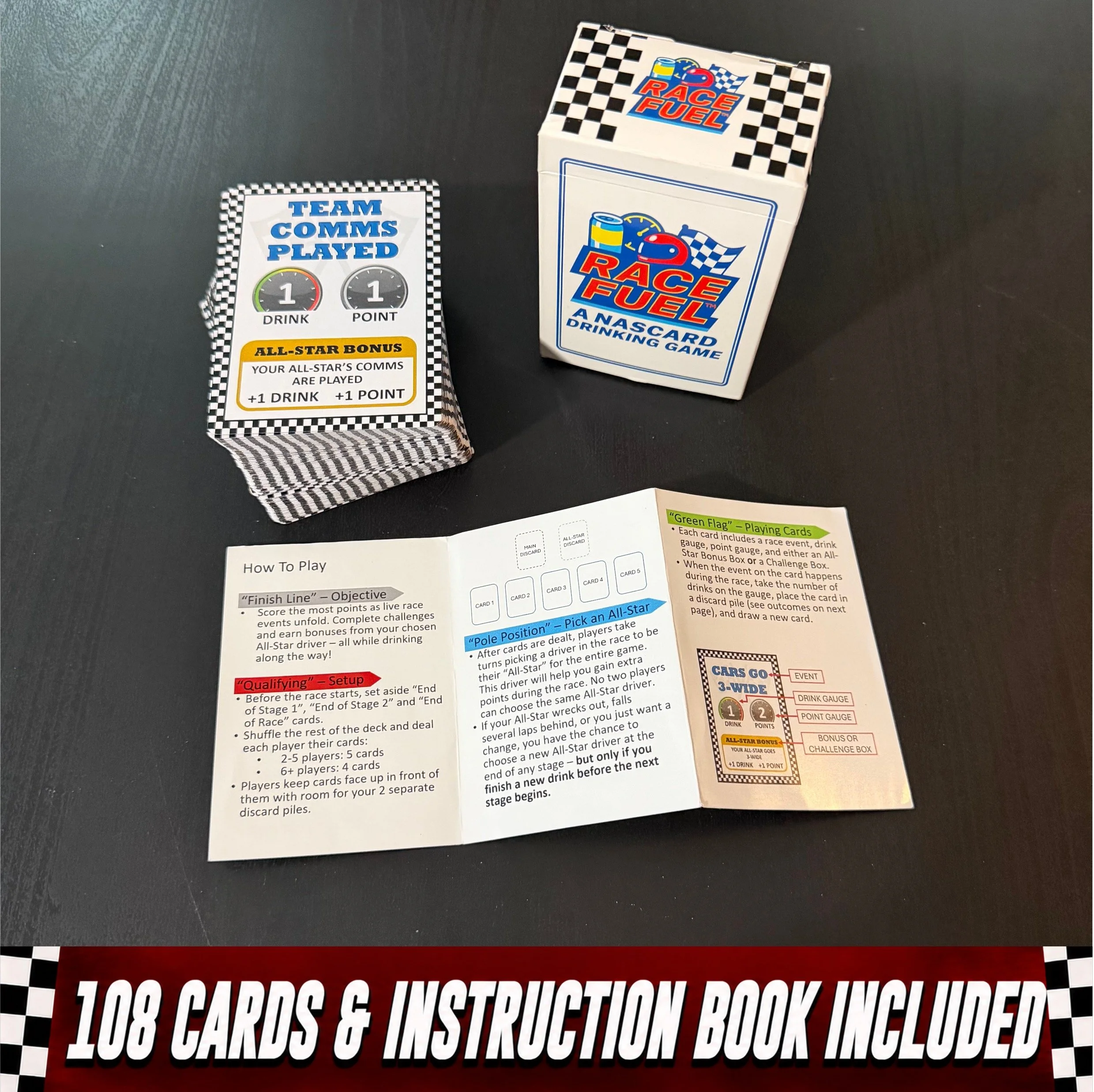 Race Fuel game box, card deck, and instruction book showing everything included in the card game