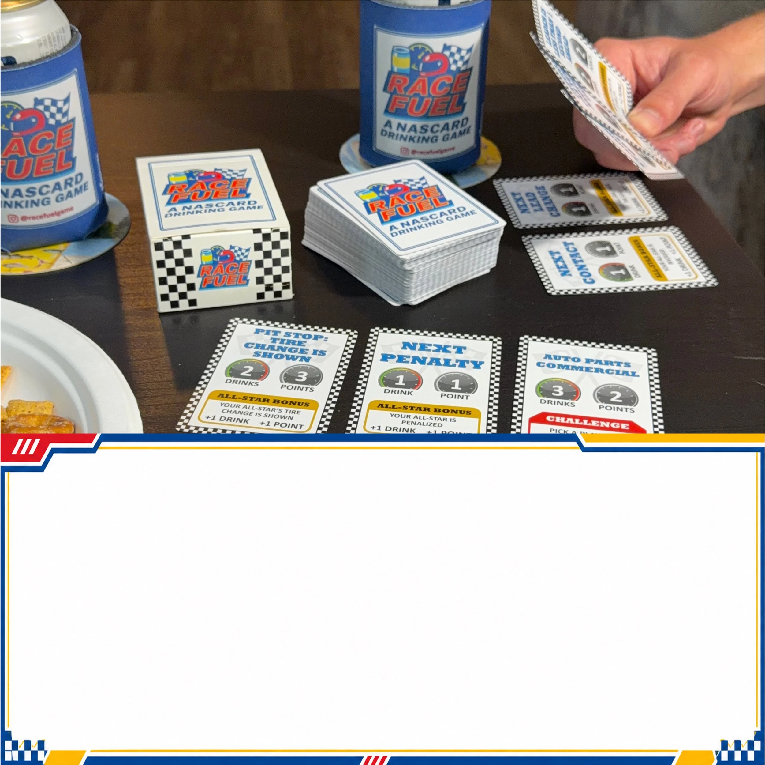 Playing cards and a Race Fuel can sleeve on a table, suggesting a racing or gaming theme.