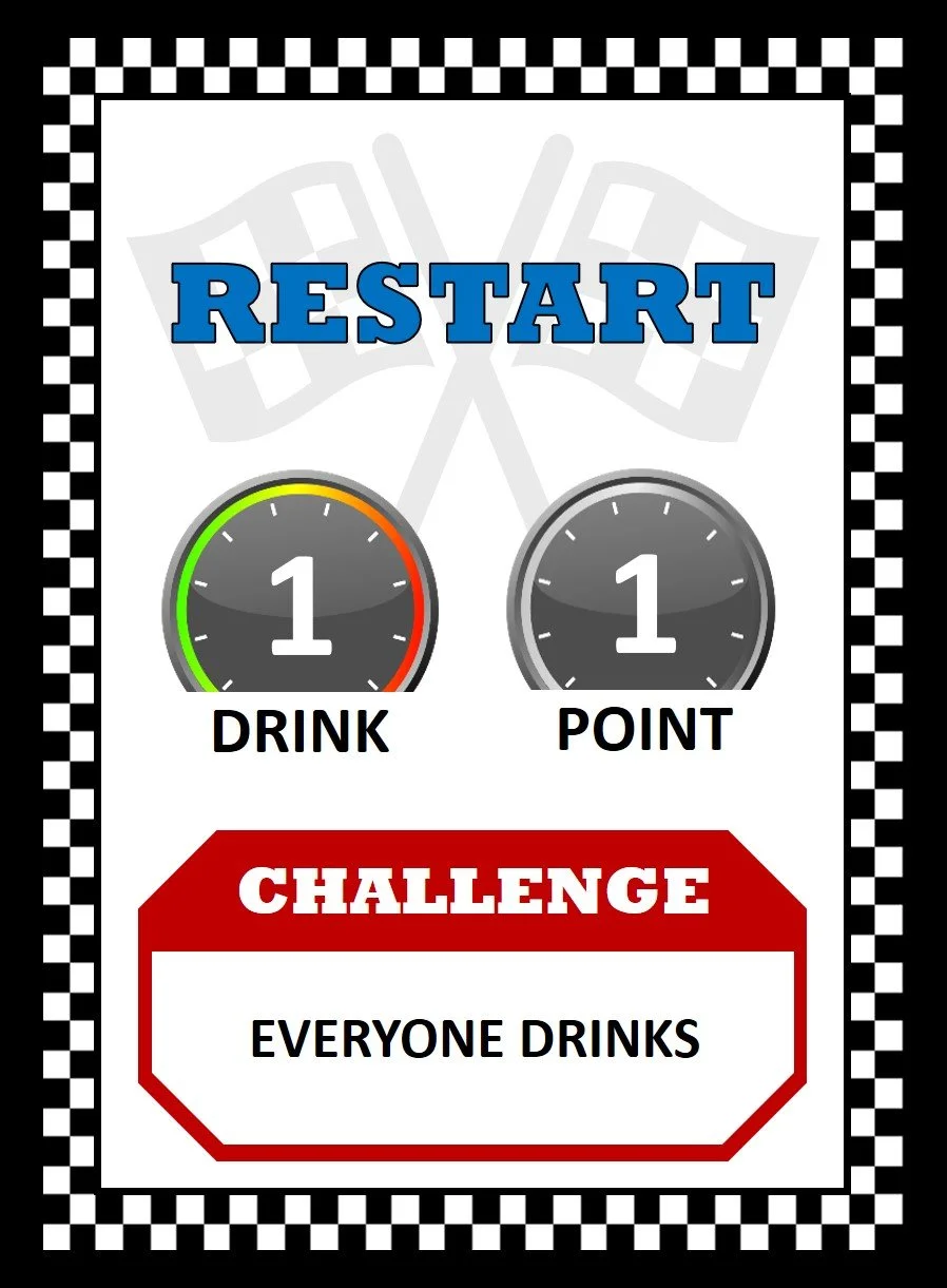 Race Fuel card showing Restart, a challenge card with 1 drink, 1 point, and the challenge Everyone Drinks.