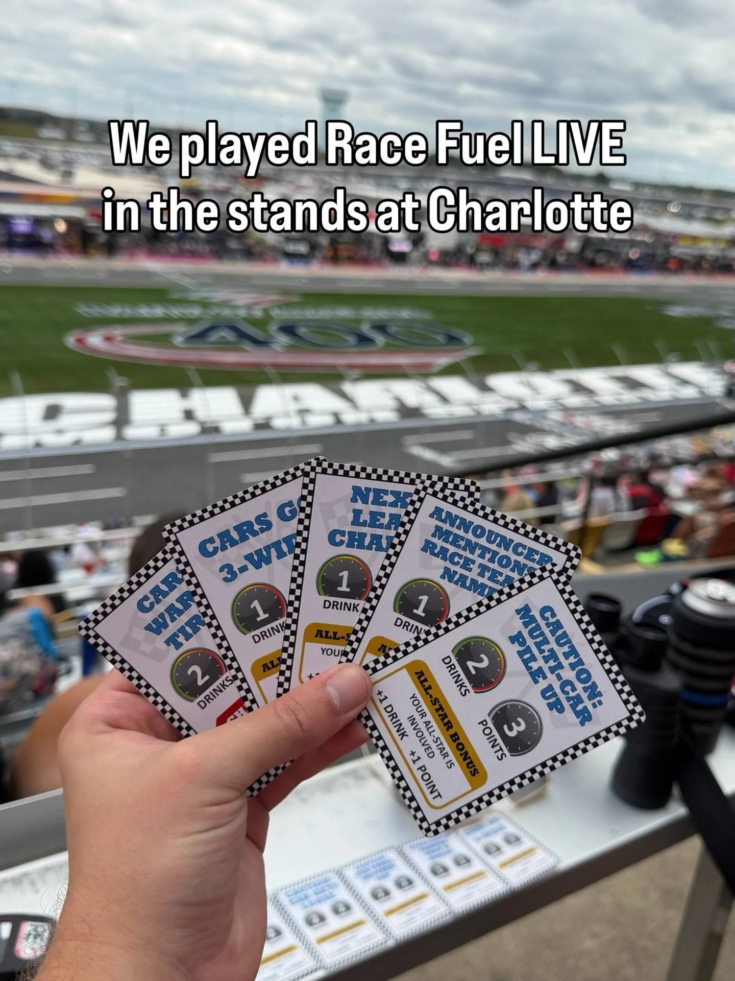 We played Race Fuel live in the stands at Charlotte Motor Speedway, not on the couch.

Chase Briscoe beat his teammate Christopher Bell by 0.029 seconds after contact off Turn 4 on the last lap, and we had our cards in hand for the whole race.

Which