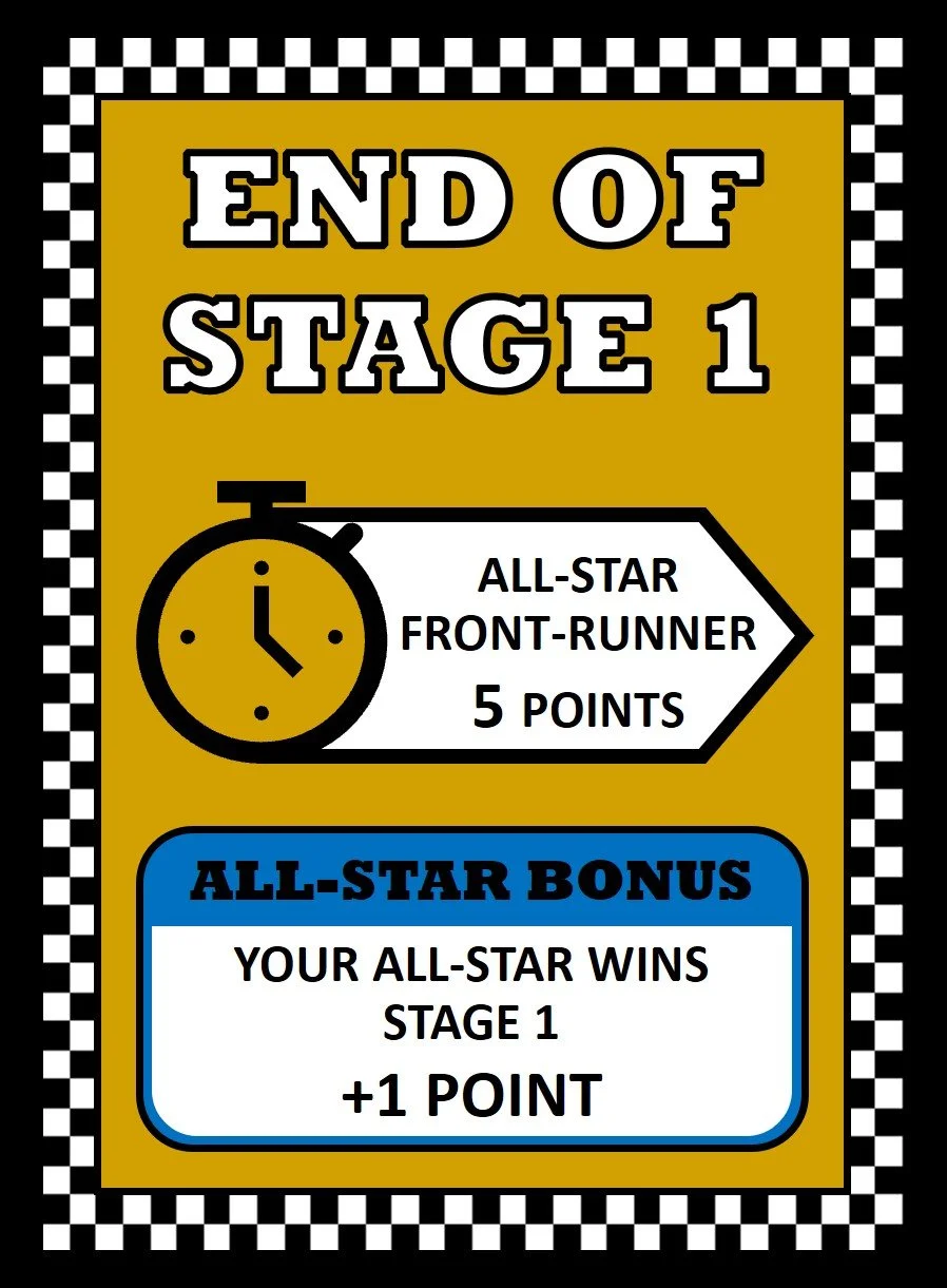 Race Fuel card indicating the end of Stage 1 in a race, featuring a clock icon, and information about bonus points for winning the stage with an all-star.