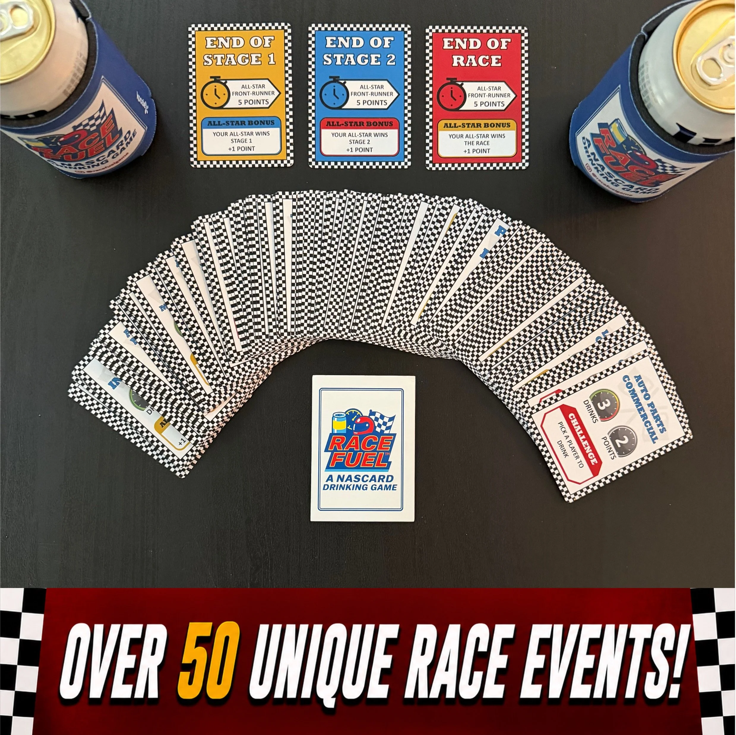 Race Fuel card game spread showing over 50 unique race event cards for live race gameplay