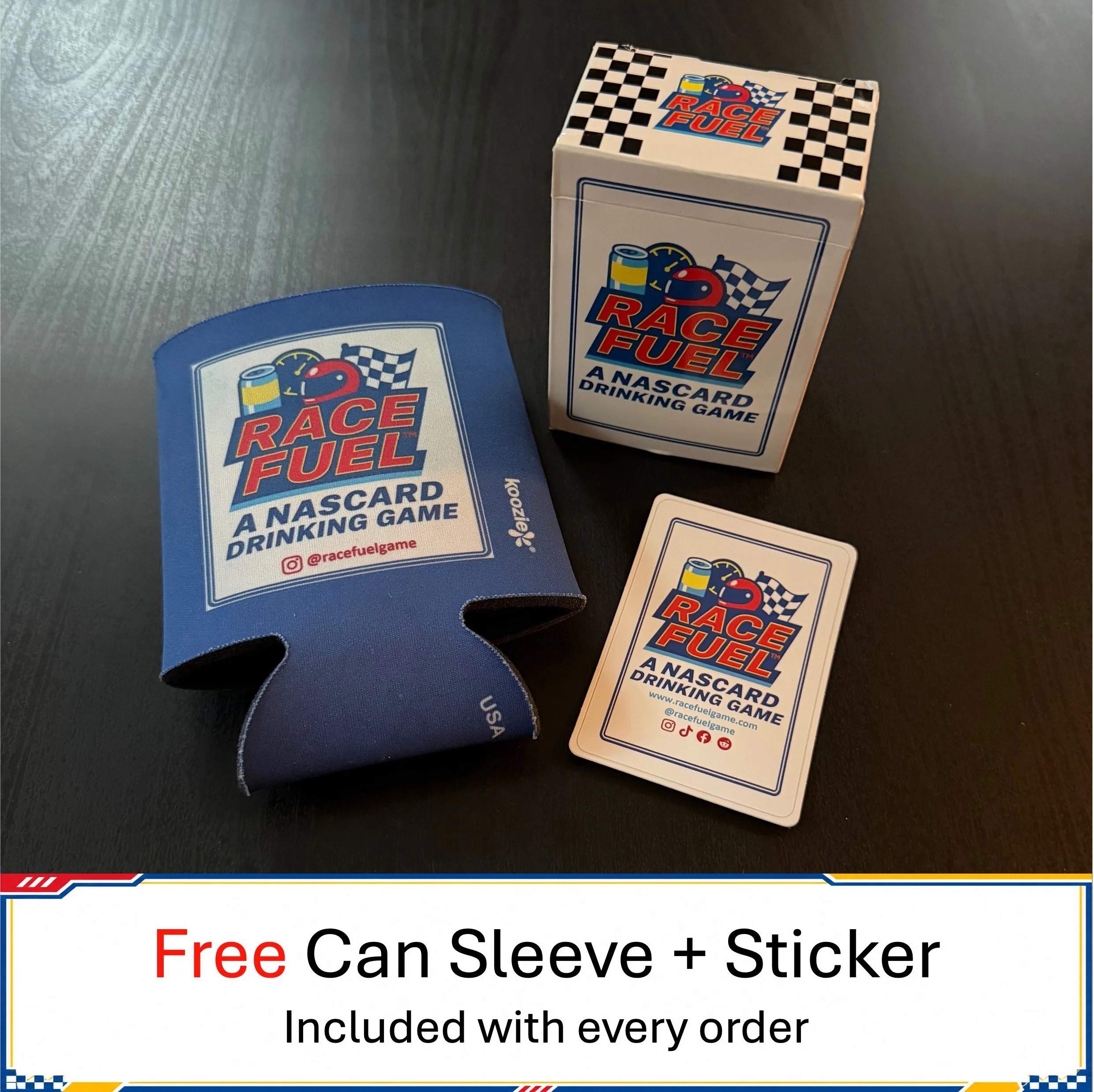 Race Fuel racing card game with free can sleeve and sticker included with the deck
