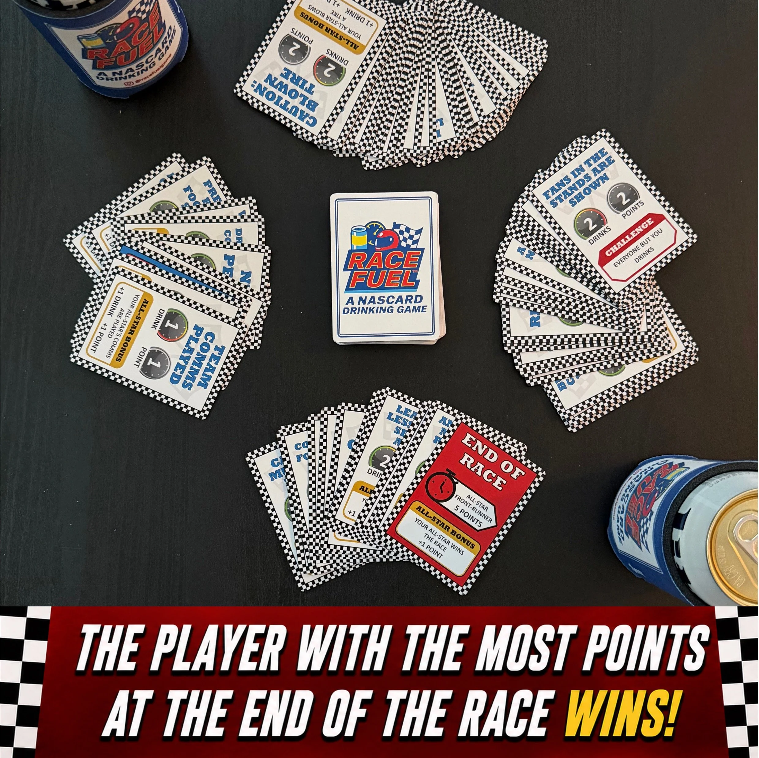 Race Fuel cards arranged in player piles showing the end-of-race points system