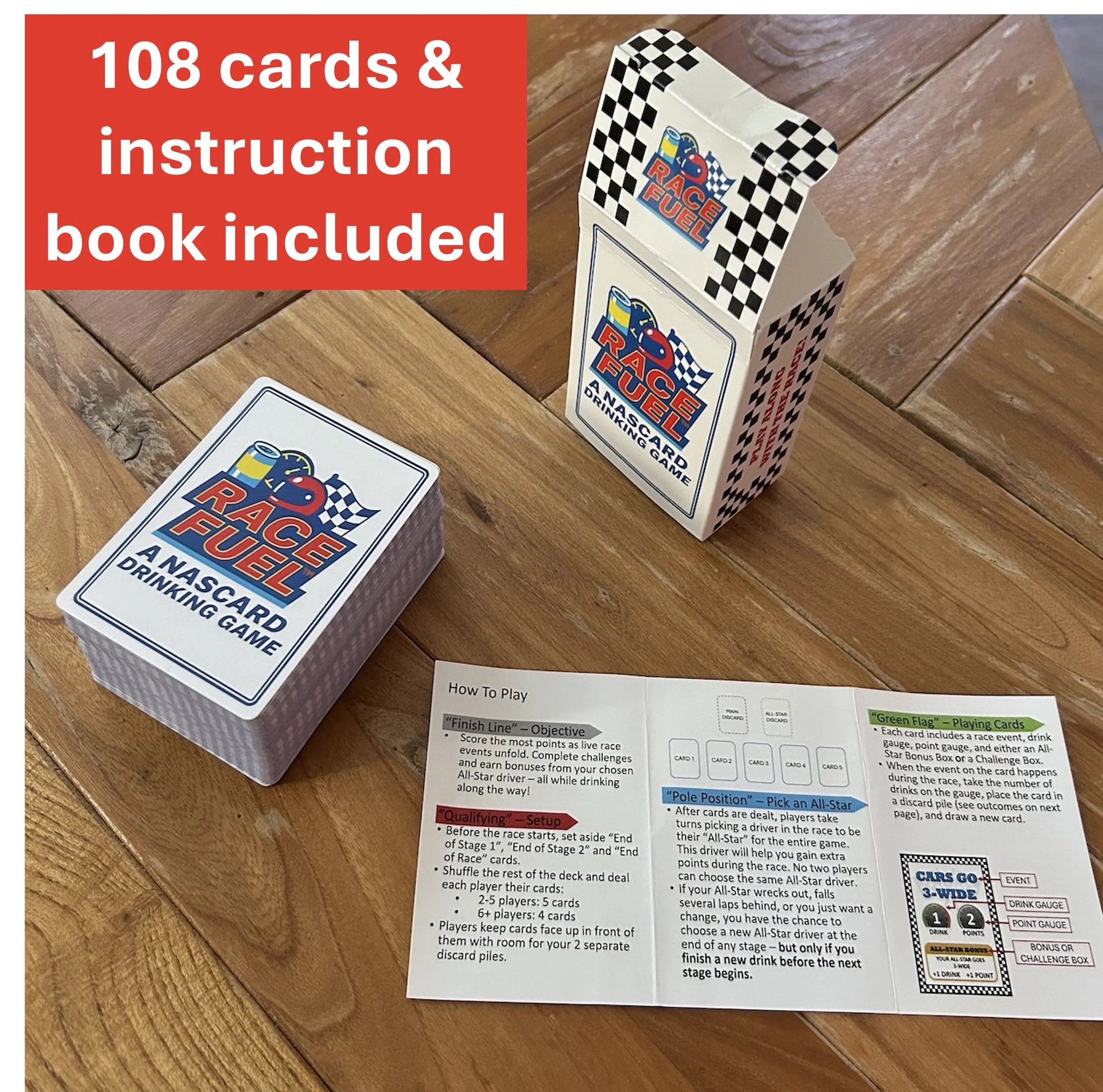 Racing drinking card game set with full deck of cards and instruction guide