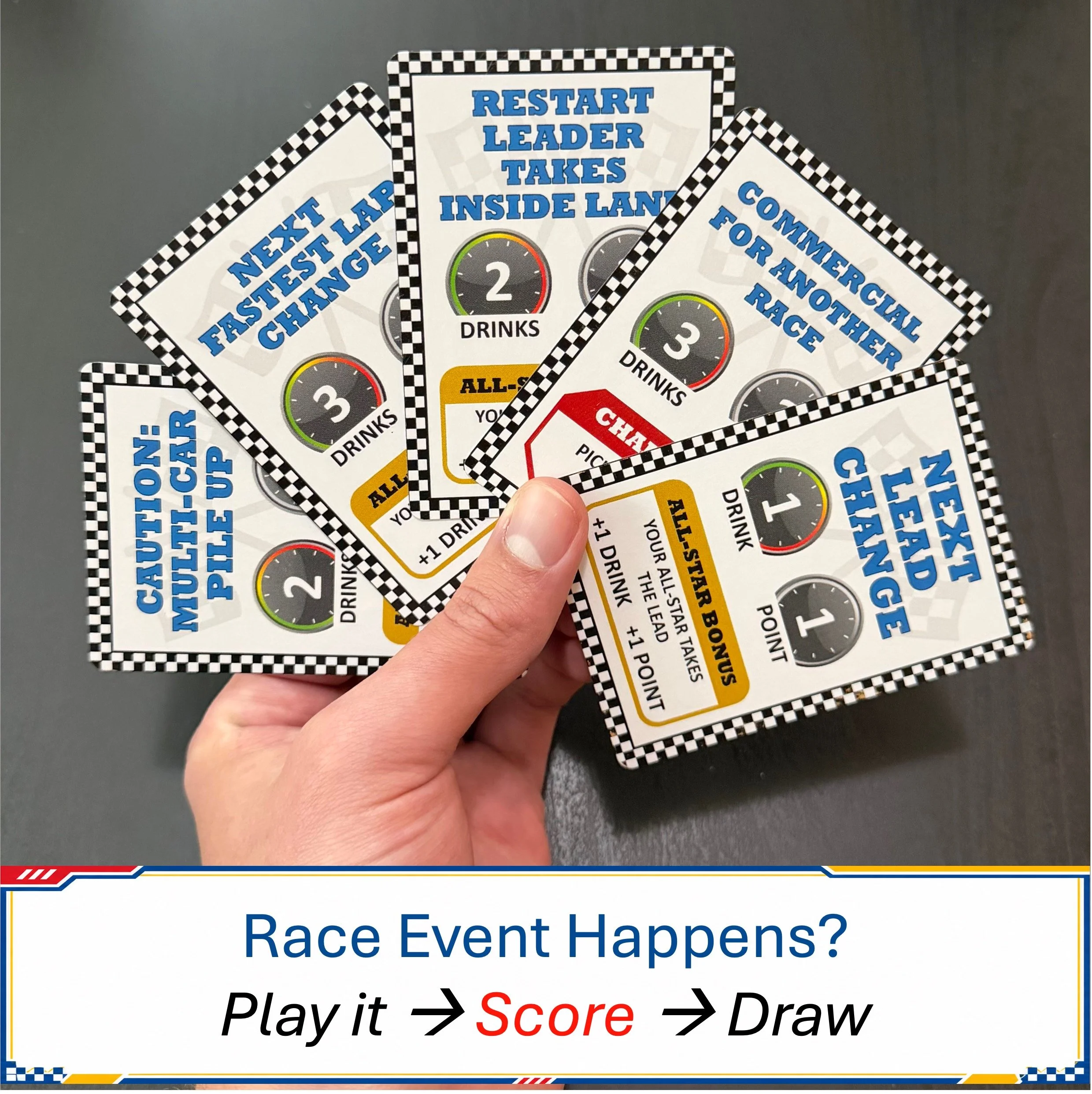 Race Fuel cards are played when live race events happen to score points and draw new cards
