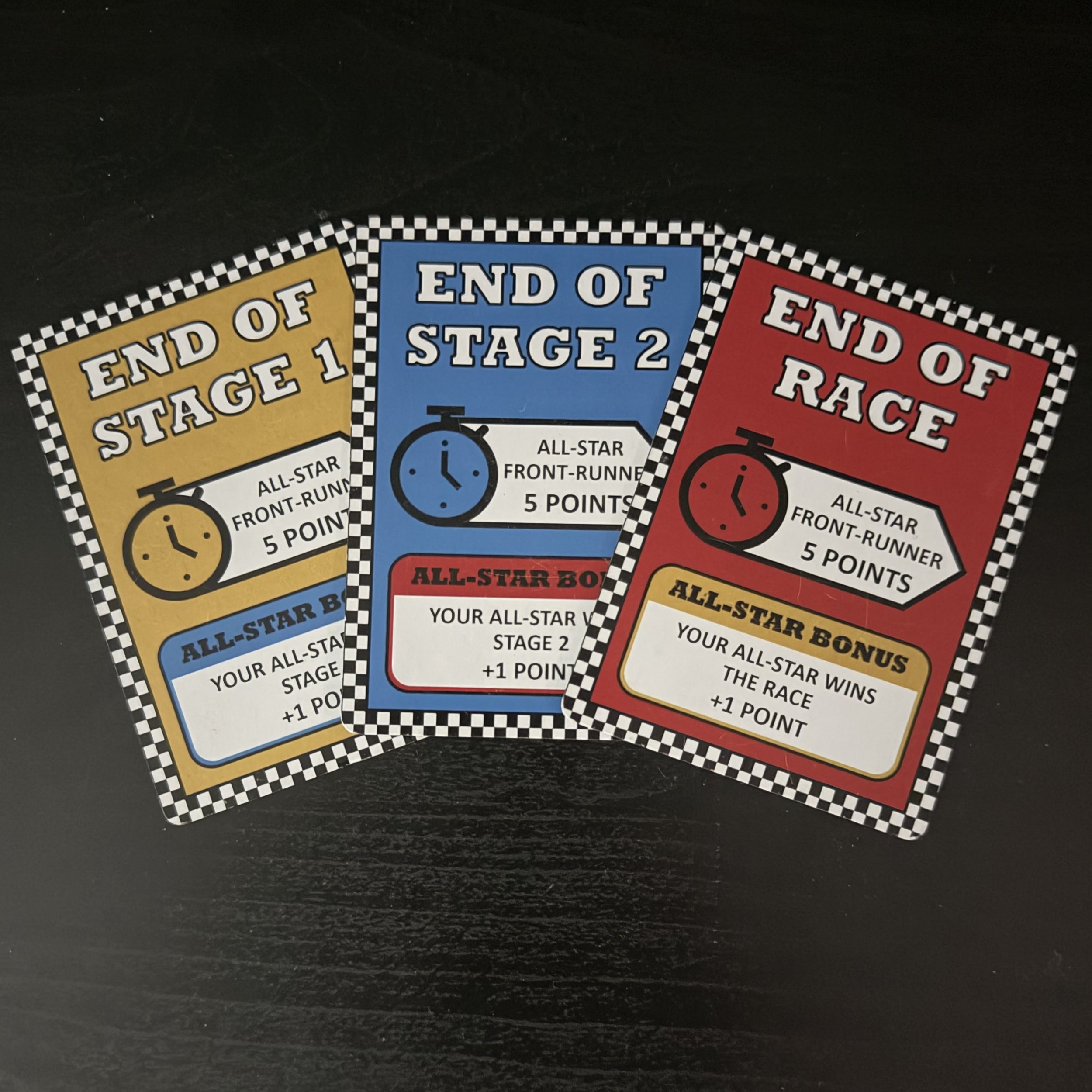 Race Fuel Stage and End of Race cards showing All-Star front-runner scoring for live racing card game play.