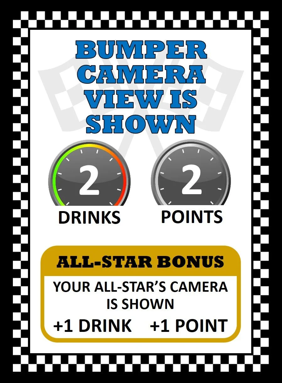 Race Fuel card showing Bumper Camera View Is Shown, a broadcast moment card with 2 drinks, 2 points, and an All-Star bonus.