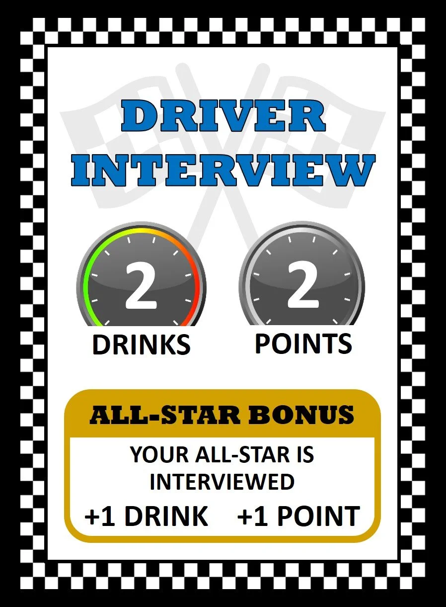 Race Fuel card showing Driver Interview, a broadcast moment card with 2 drinks, 2 points, and an All-Star bonus.