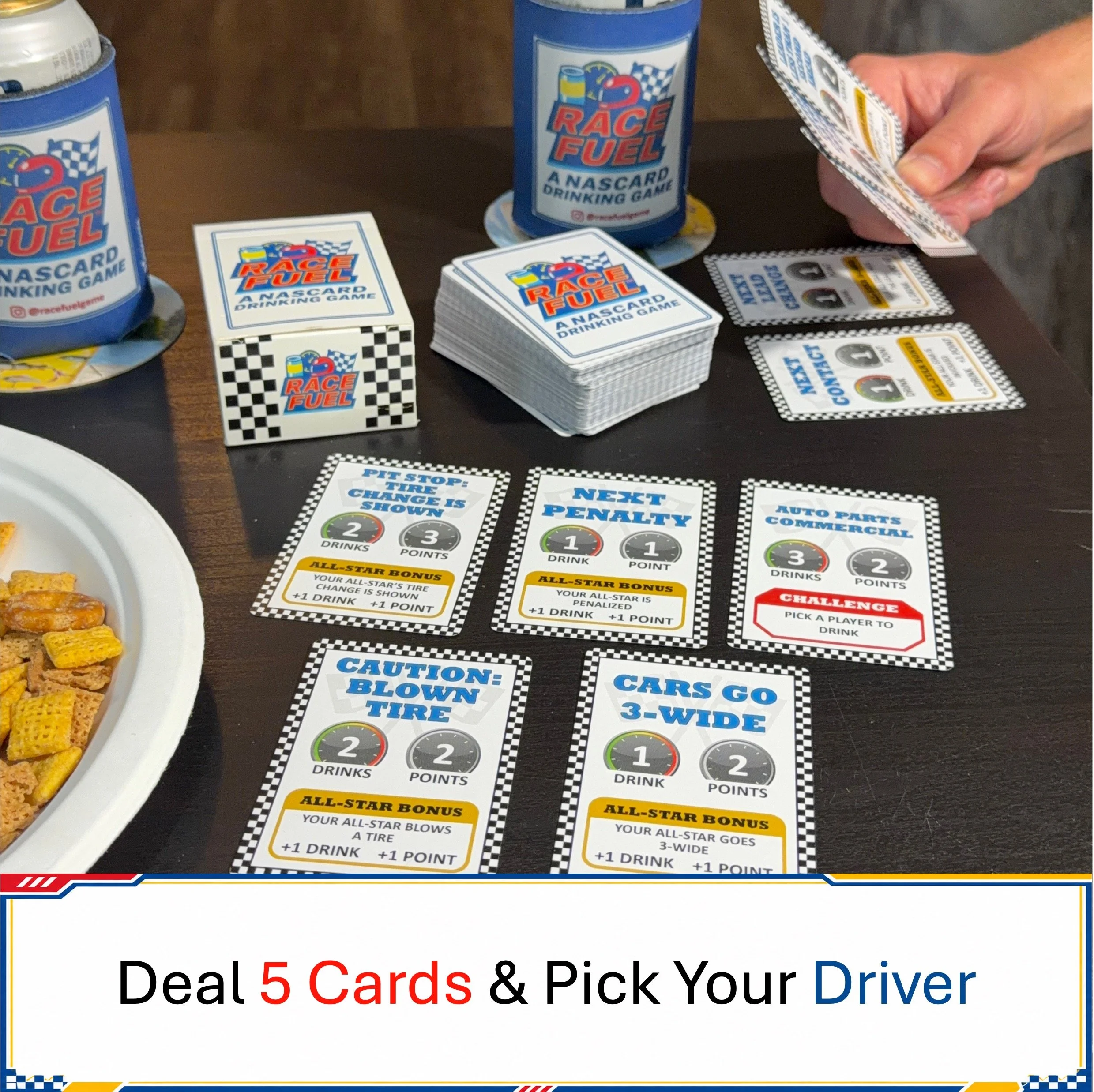 Players deal 5 Race Fuel cards and pick an All-Star driver before the live race starts