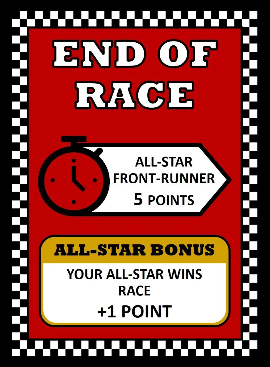 A red Race Fuel card with checkered border, indicating the end of a race with an all-star front-runner clock for 5 points, and an all-star bonus awarding +1 point if the all-star wins the race.