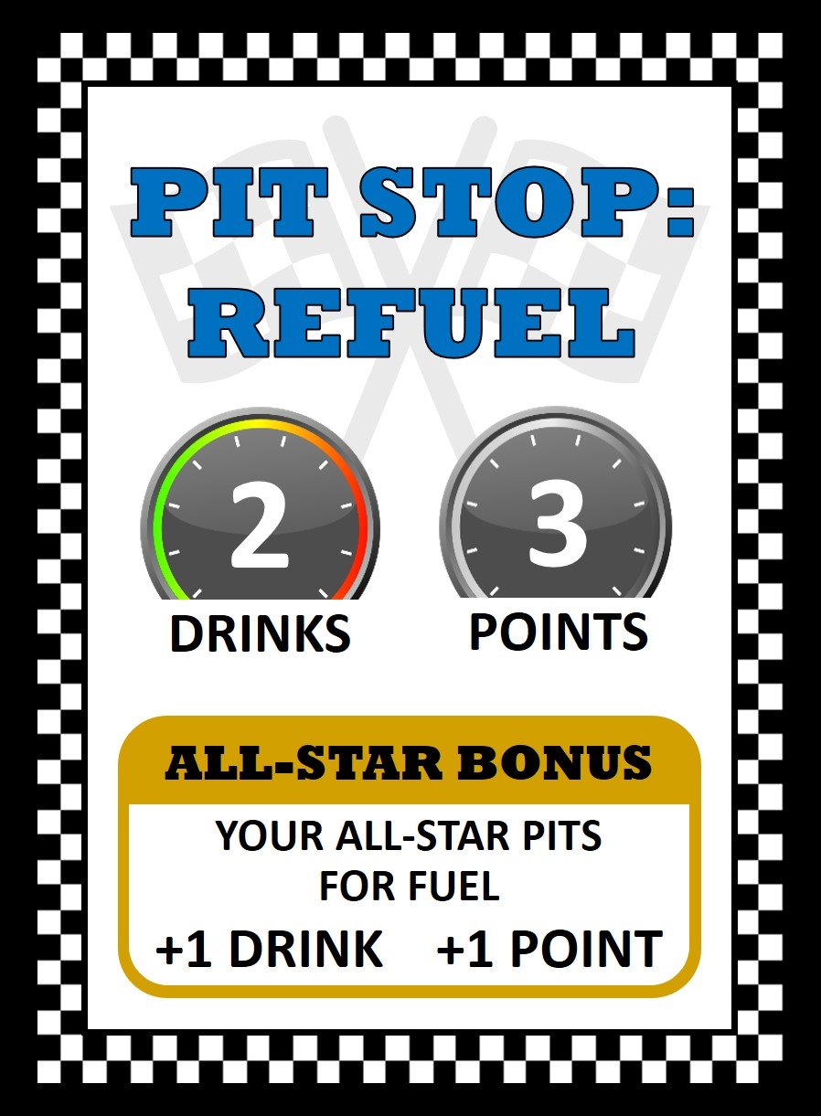 Race Fuel card that reads 'Pit Stop: Refuel' with two gauges labeled 'Drinks' and 'Points', and a bonus section offering extra drinks and points for filling all-star pits.