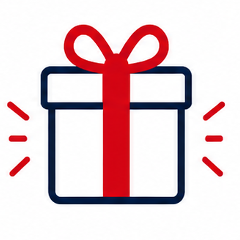 A gift box with a red ribbon and bow, red lines radiating around it.