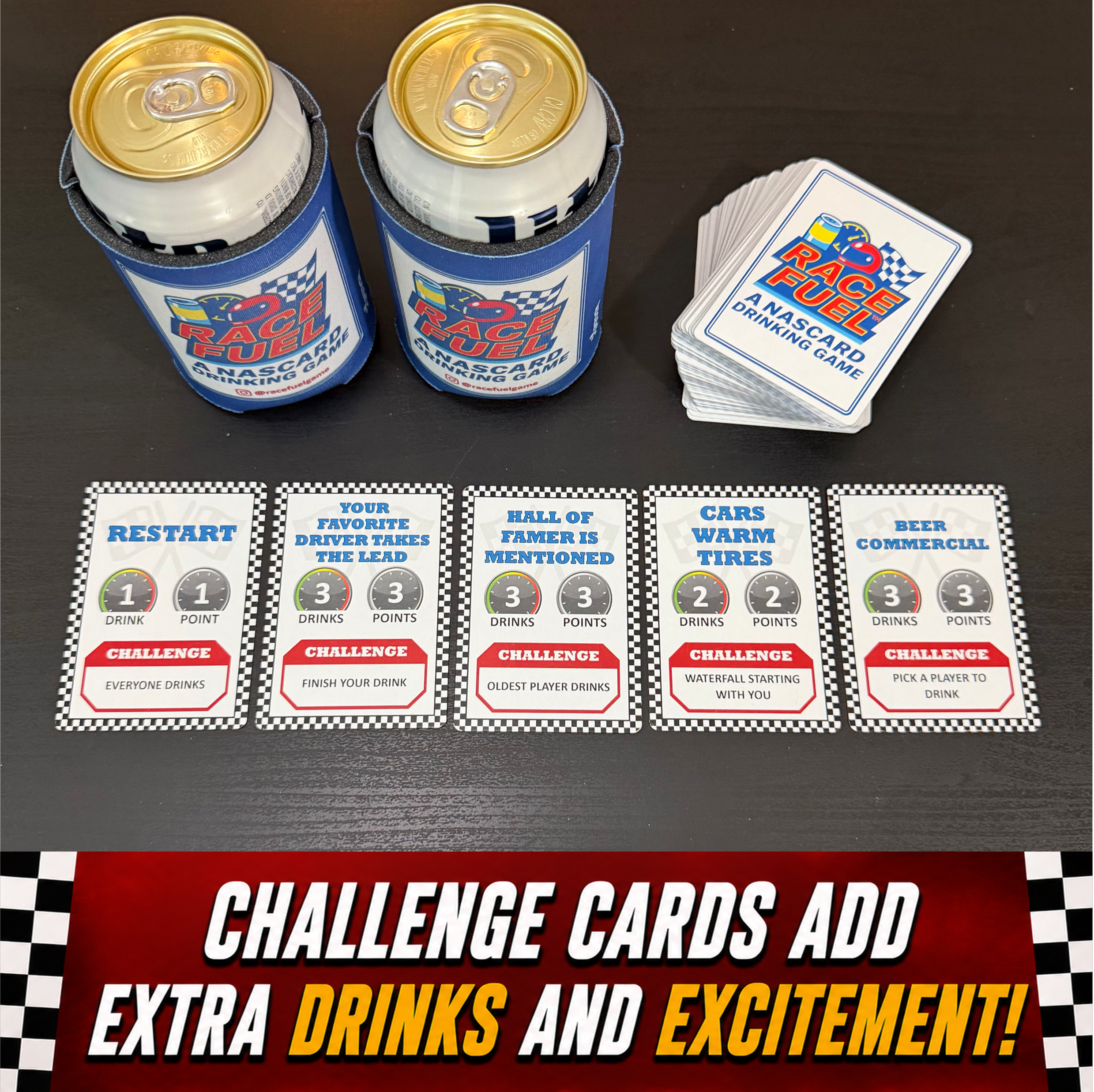Race Fuel challenge cards displayed with drink sleeves and card deck for live race gameplay