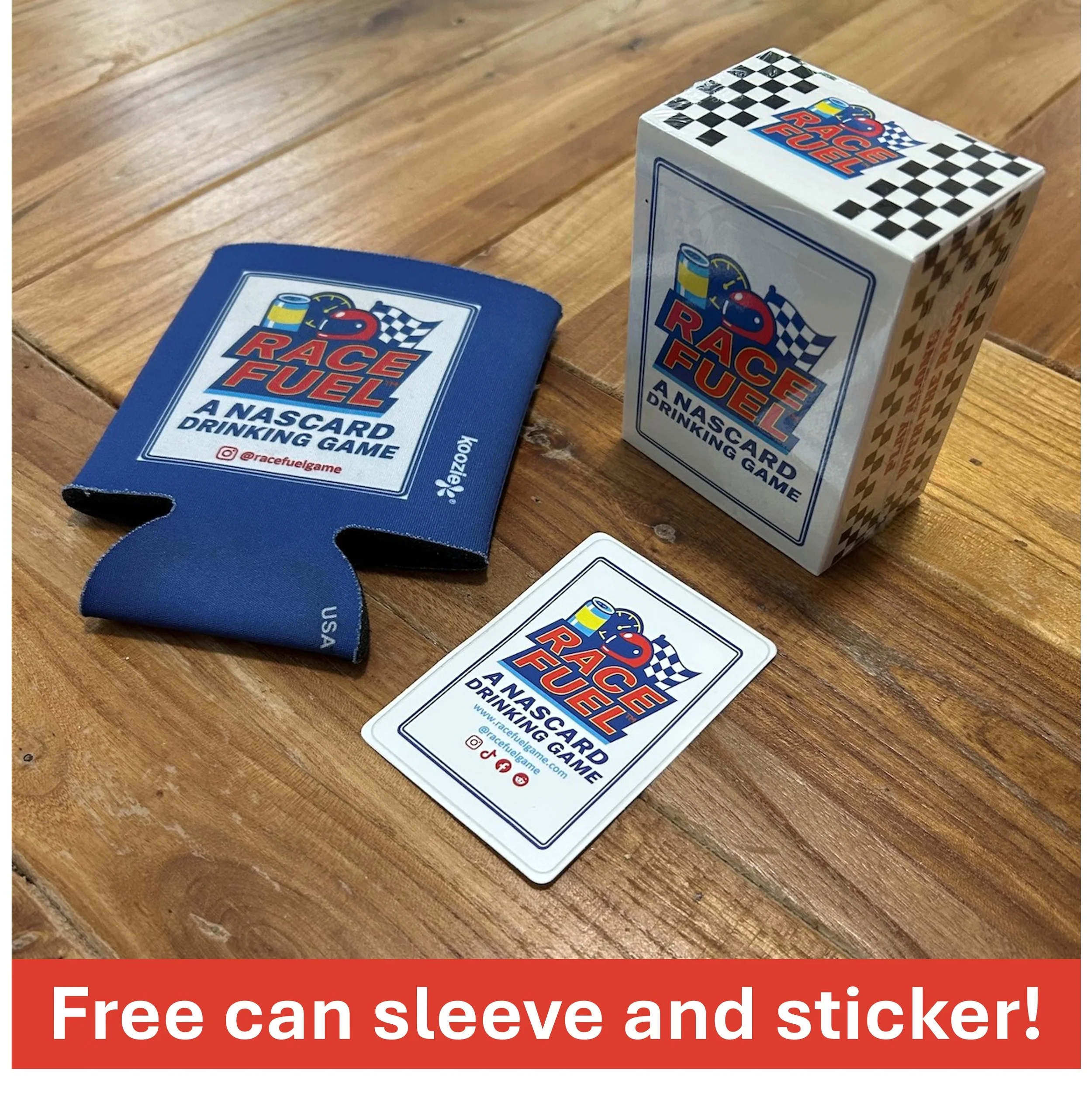 Racing drinking game set with cards, can sleeve koozie, and sticker