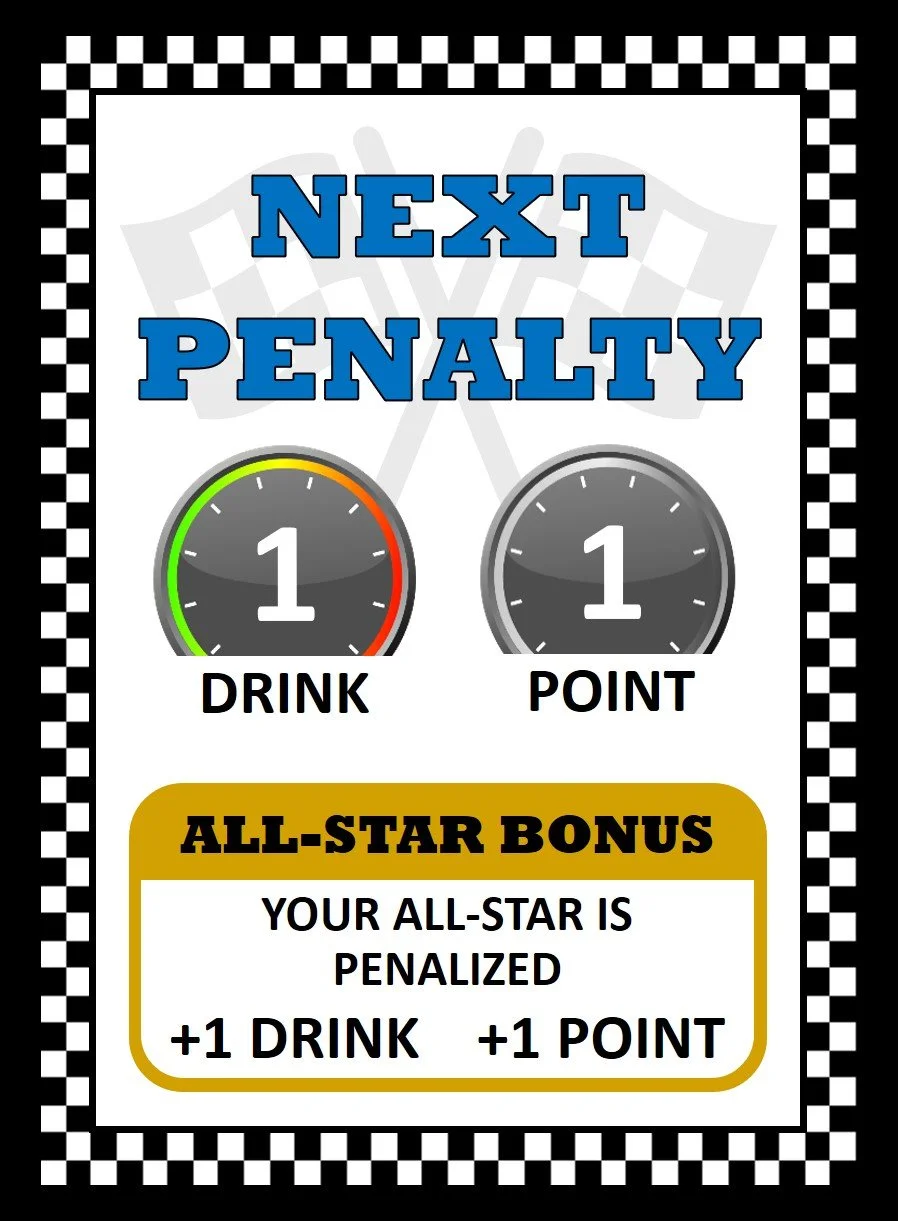 Race Fuel card showing Next Penalty, a race action card with 1 drink, 1 point, and an All-Star bonus.