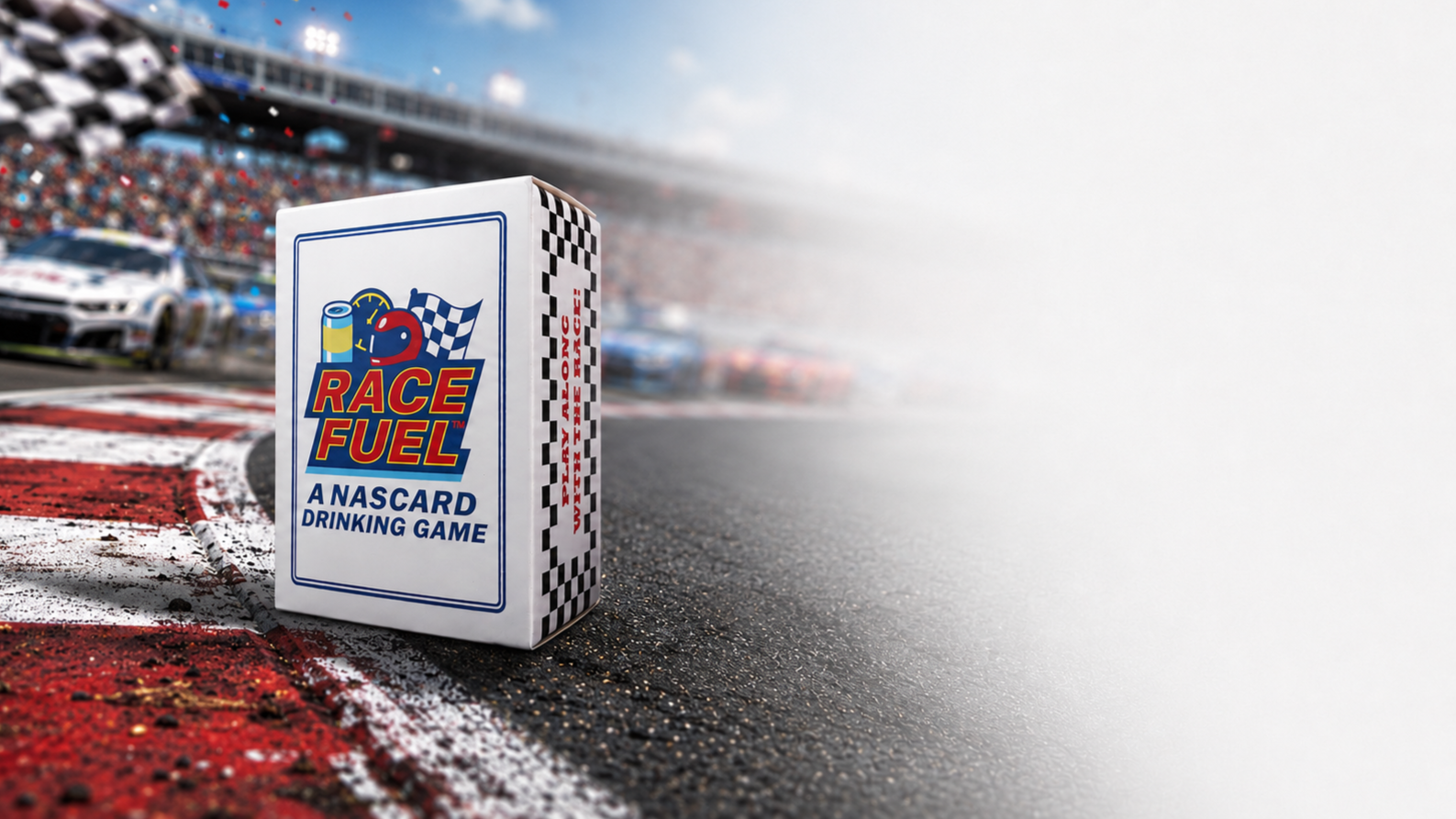 NASCAR Race Fuel card on a race track with blurred race cars racing in the background.