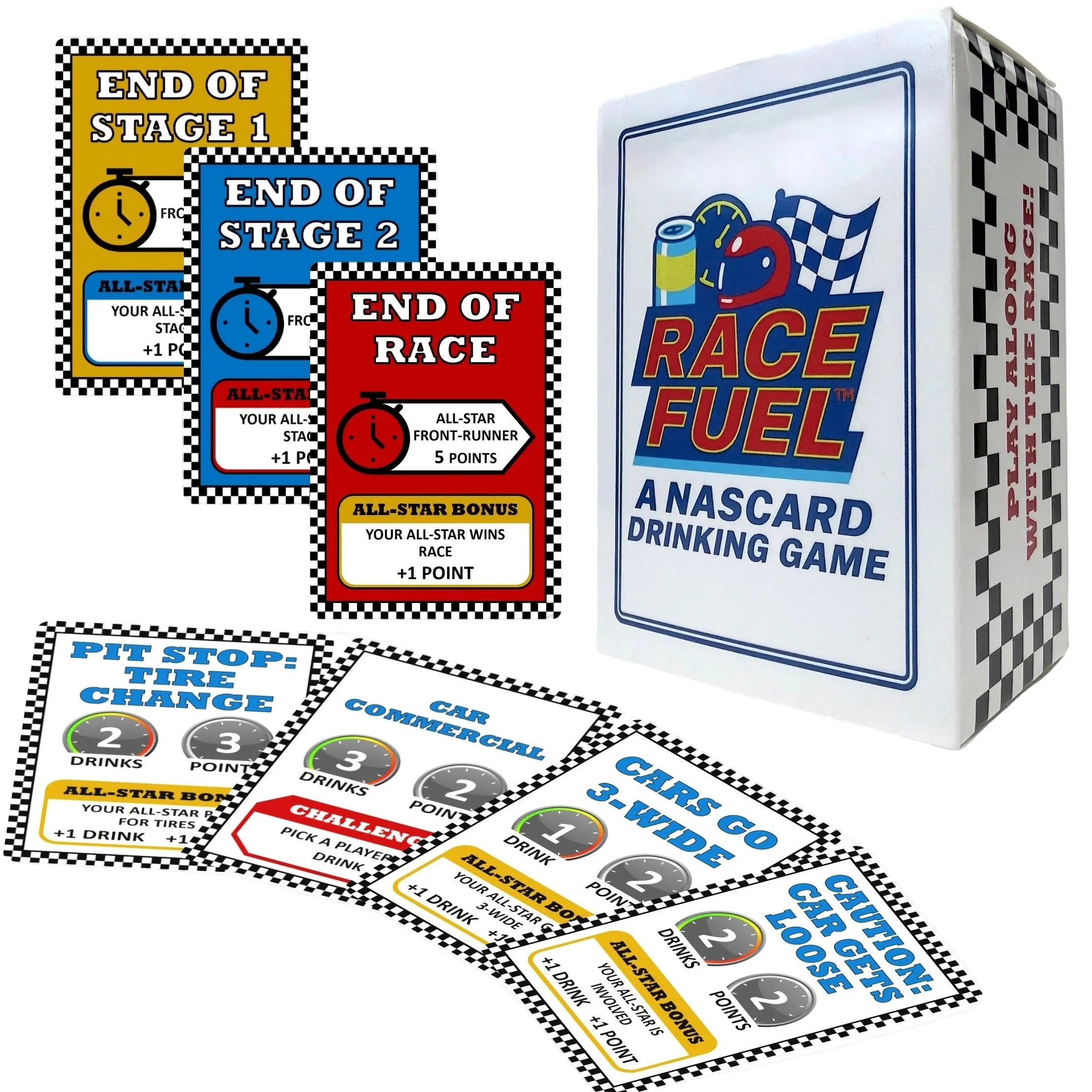 Race Fuel racing drinking card game box with event cards for race day watch parties