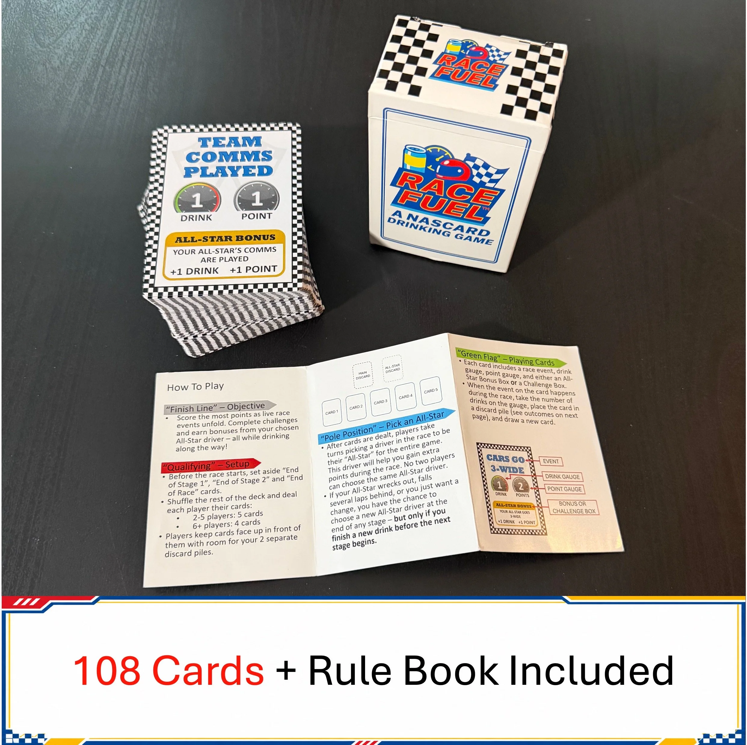 Race Fuel game contents with 108 racing cards and rule book included for live race gameplay