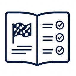 Open book with a checkered flag on the left page and three checklist items with checkmarks on the right page.