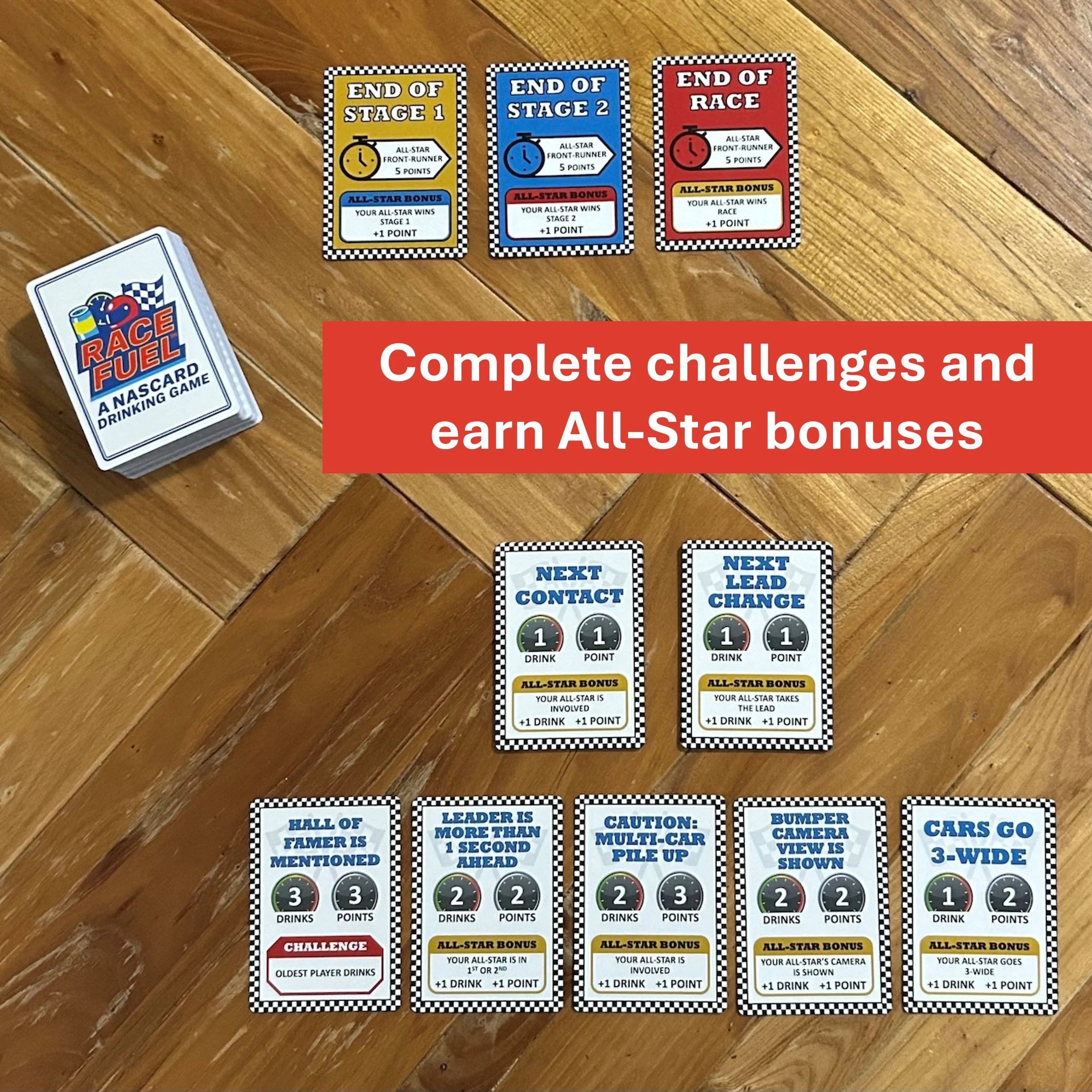 Racing drinking game cards with challenge cards and driver bonus system