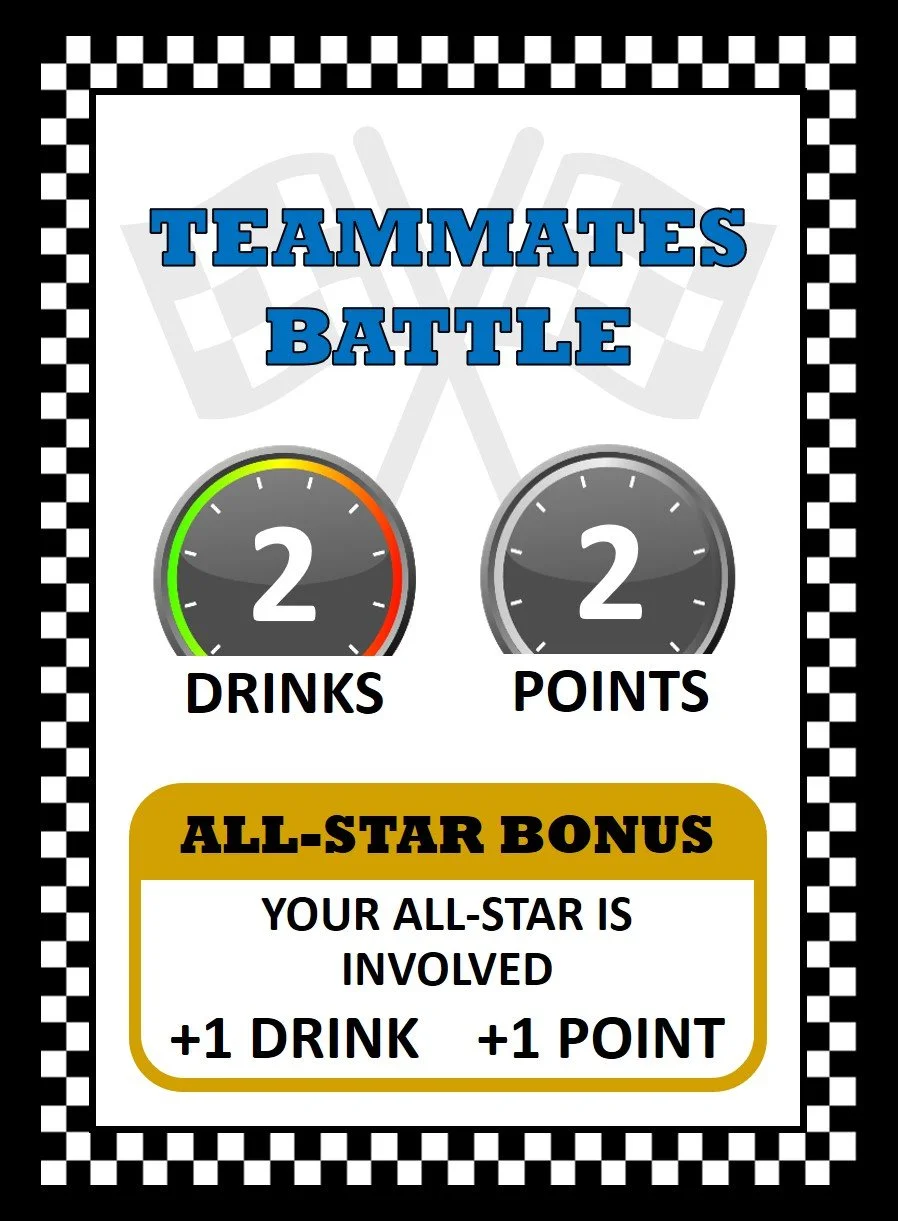 Race Fuel card showing Teammates Battle, a driver and team moments card with 2 drinks, 2 points, and an All-Star bonus.