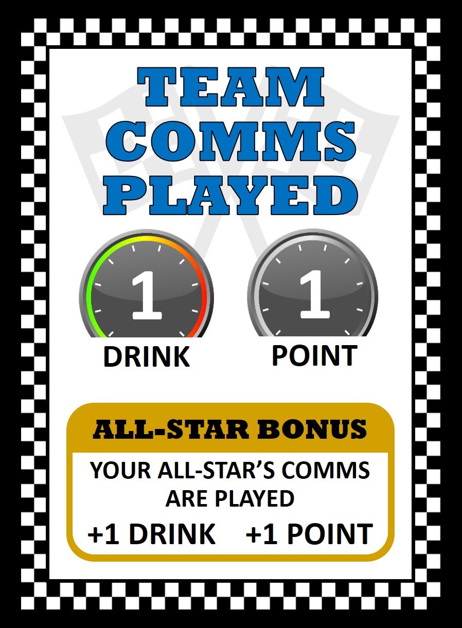 Race Fuel card showing Team Comms Played, a broadcast moment card with 1 drink, 1 point, and an All-Star bonus.
