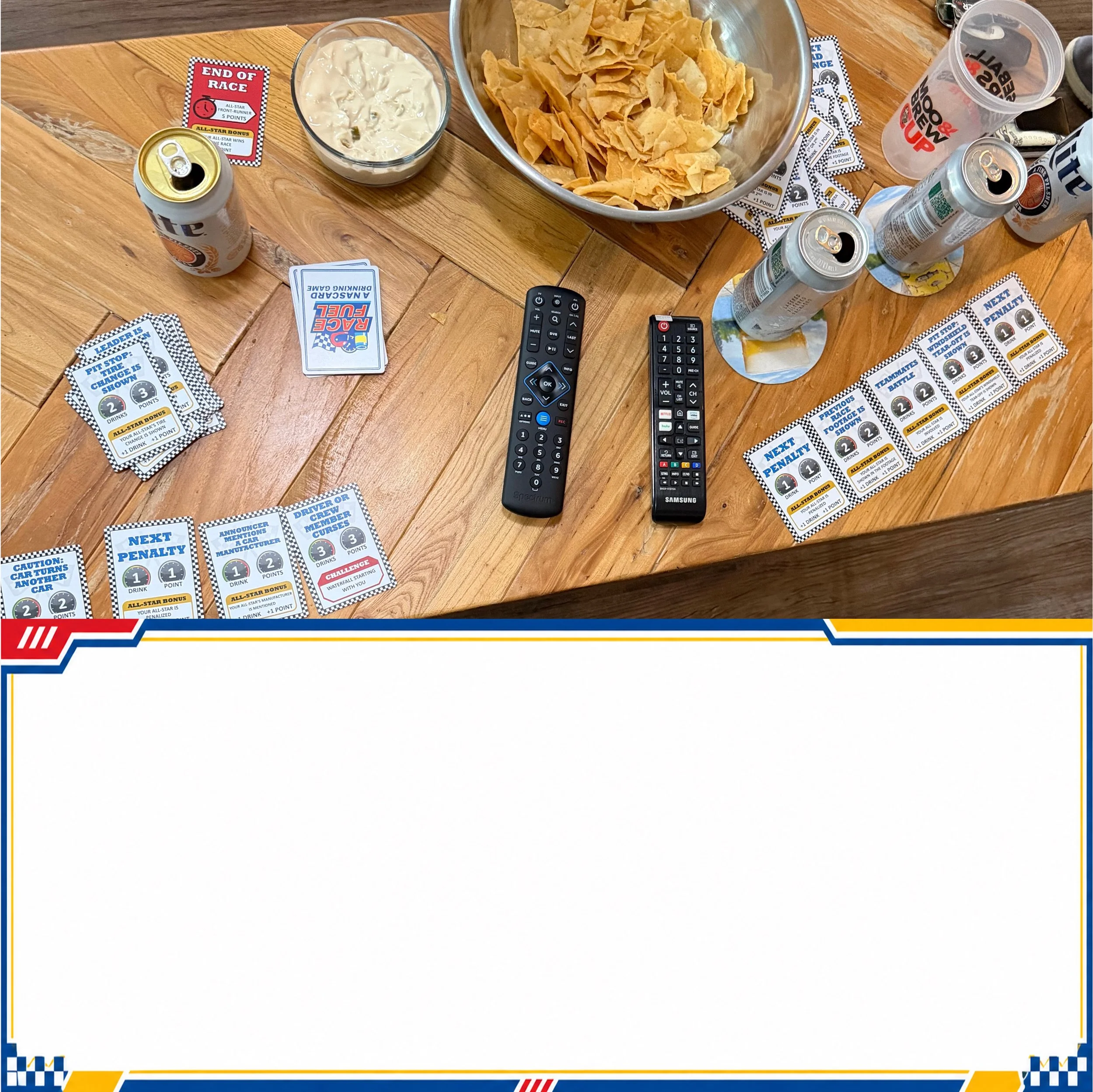 A table with a bowl of tortilla chips, a bowl of queso, several cans of Miller Lite beer, and several Race Fuel cards scattered on the table.