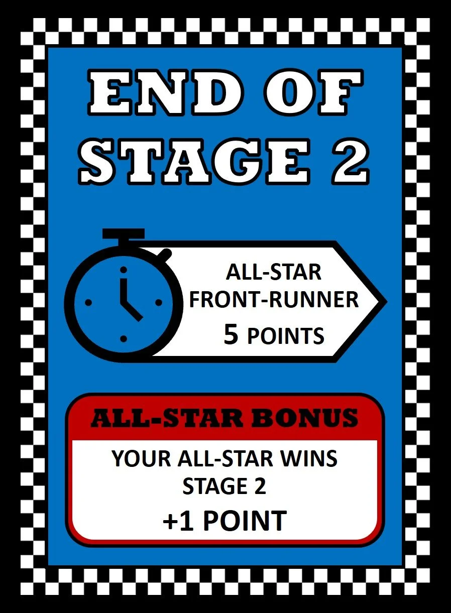 Race Fuel card indicating end of Stage 2 with timers and points, highlighting an All-Star bonus of +1 point for winning Stage 2.