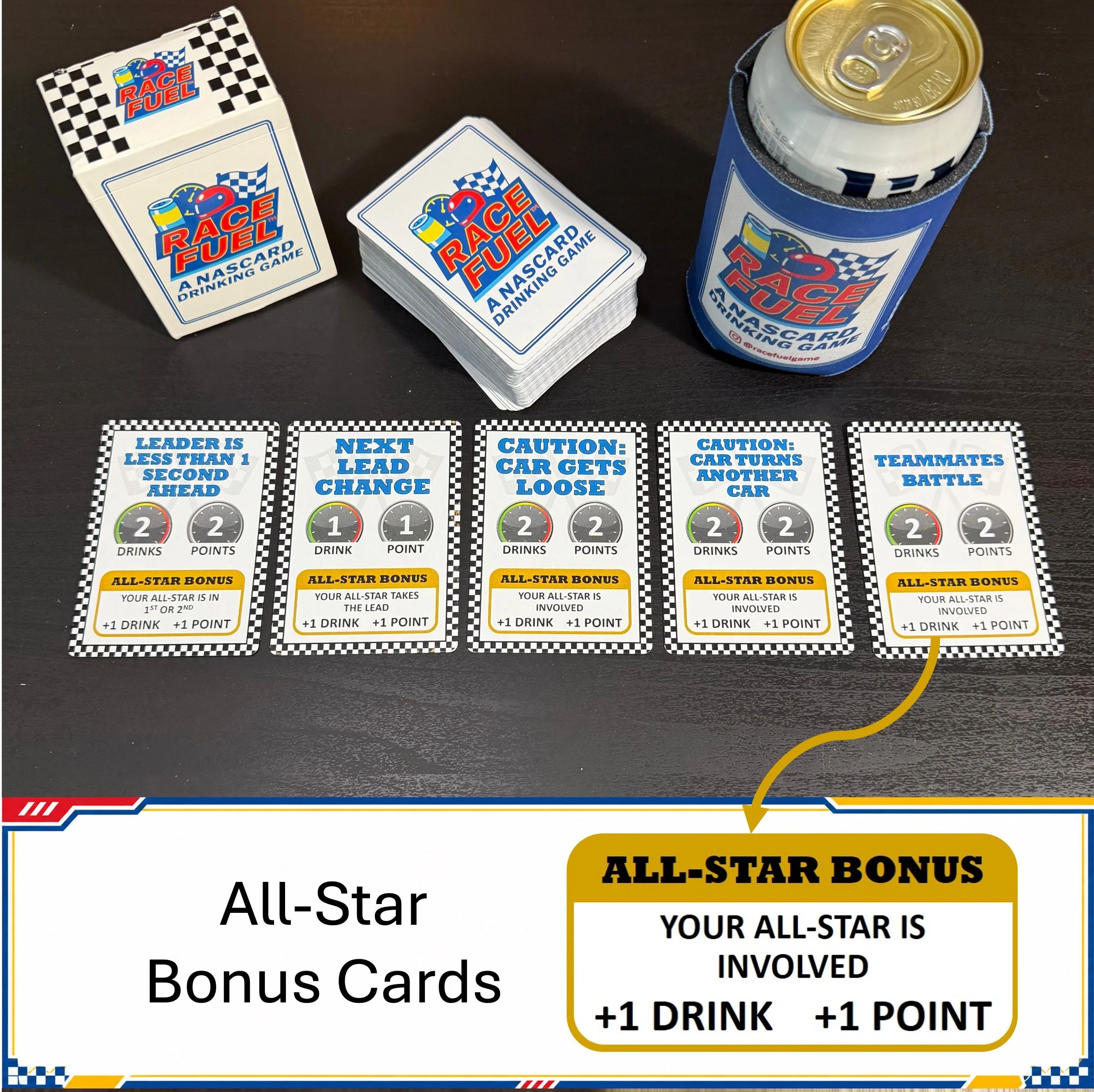 Race Fuel All-Star bonus cards showing extra points and drinks when your driver is involved