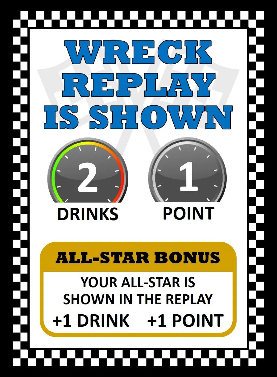Race Fuel card showing Wreck Replay Is Shown, a broadcast moment card with 2 drinks, 1 point, and an All-Star bonus.