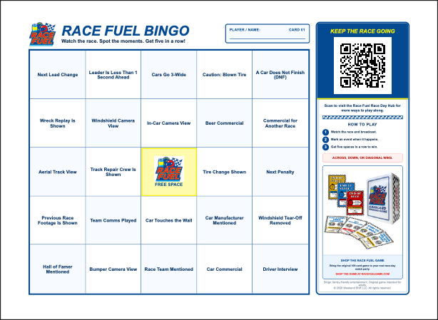 A bingo sheet titled 'Race Fuel Bingo' with racing-related terms in each square, and a 'Keep the Race Going' section with a QR code and promotional images for Race Fuel gear on the right side.