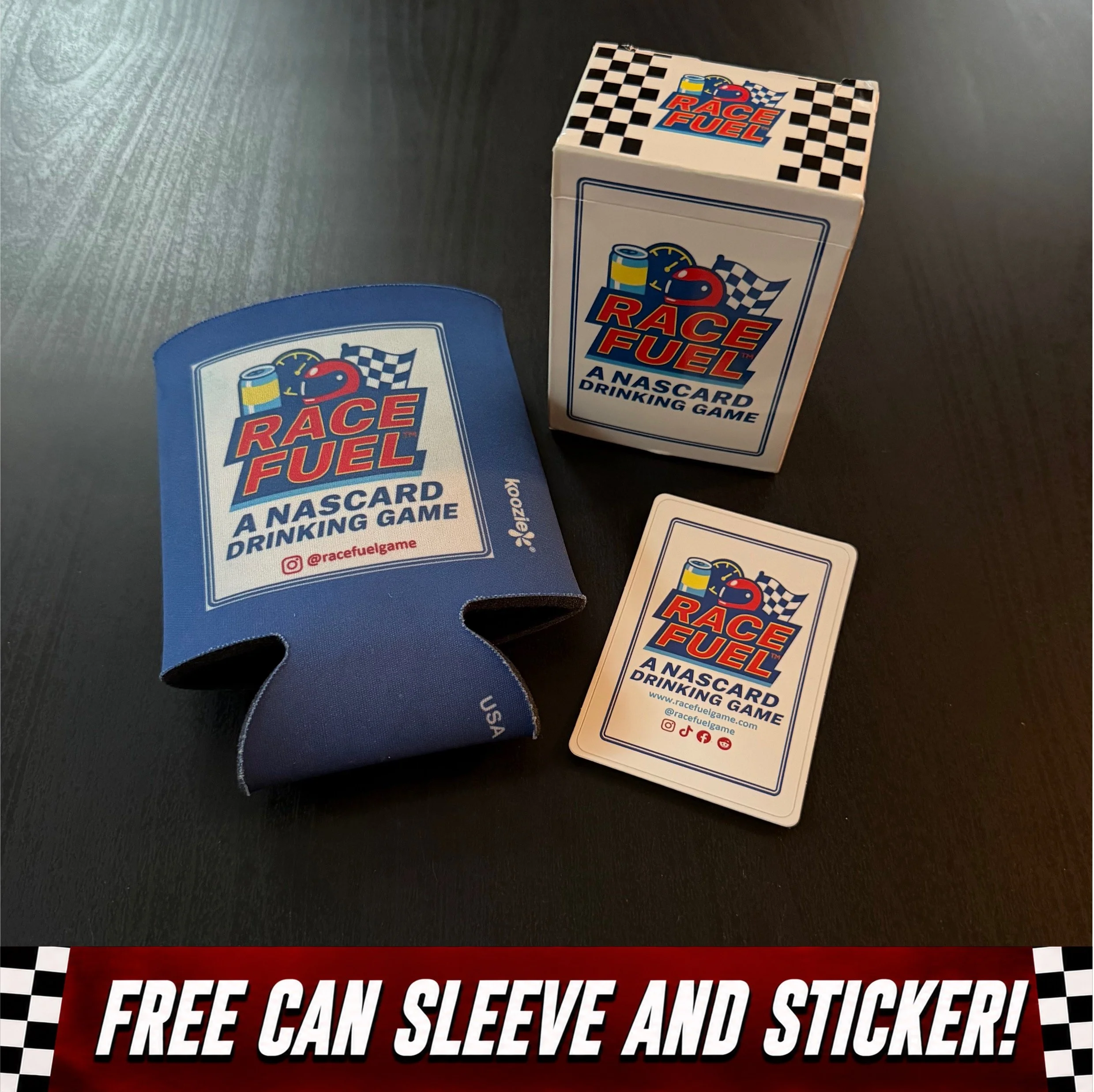 Race Fuel game box with free can sleeve and sticker included for race day gameplay