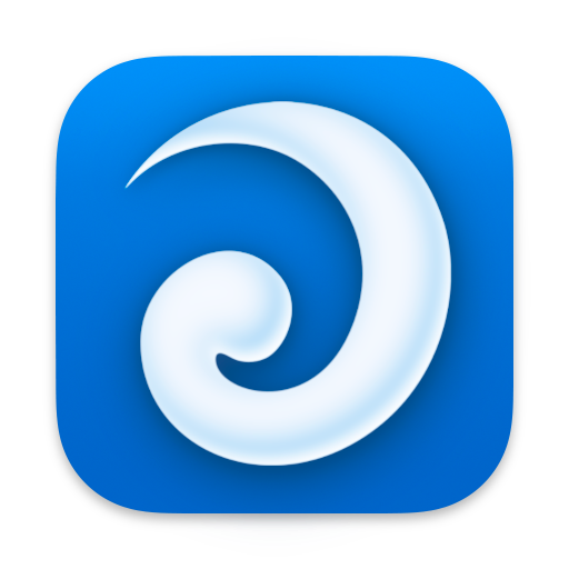Blue app icon with a white swirling spiral design.