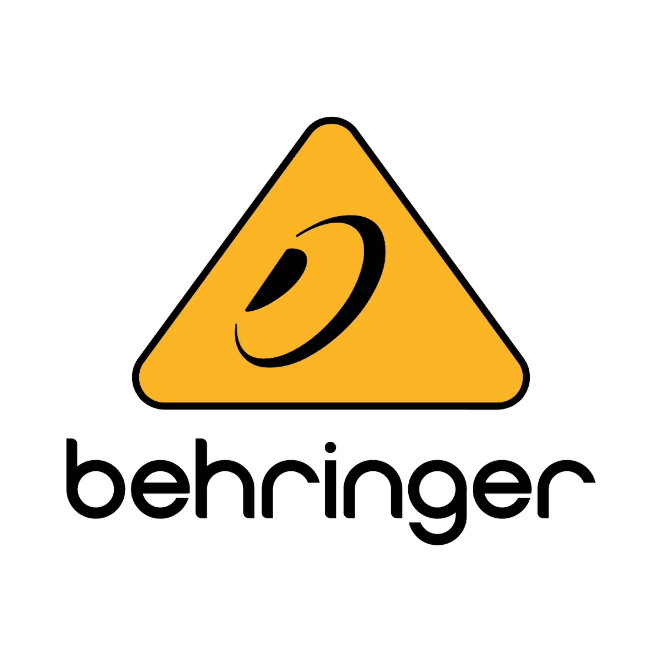 A black road sign with yellow triangle border and a black spiral arrow inside, indicating a winding road or curve ahead.