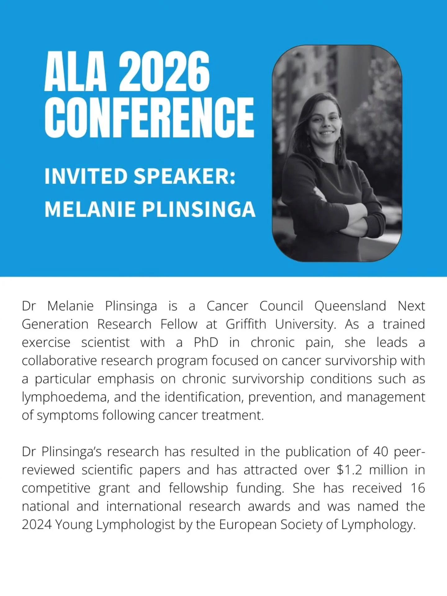 Speaker Profile &ndash; Dr Melanie Plinsinga (ALA 2026 Conference)

We are proud to welcome Dr Melanie Plinsinga as an Invited Speaker at the ALA 2026 Conference in Cairns.

A Cancer Council Queensland Next Generation Research Fellow at Griffith Univ