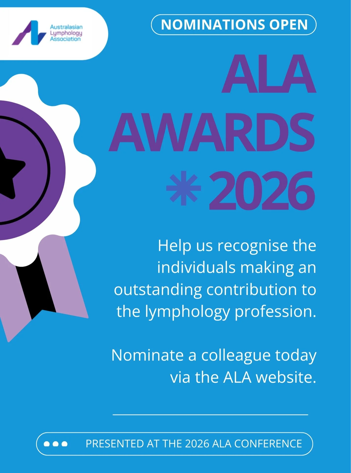 The ALA is proud to recognise individuals who have made an outstanding contribution to the lymphology profession through the ALA Awards program.

Presented at the ALA Conference as part of the Annual General Meeting, the awards celebrate those who ar