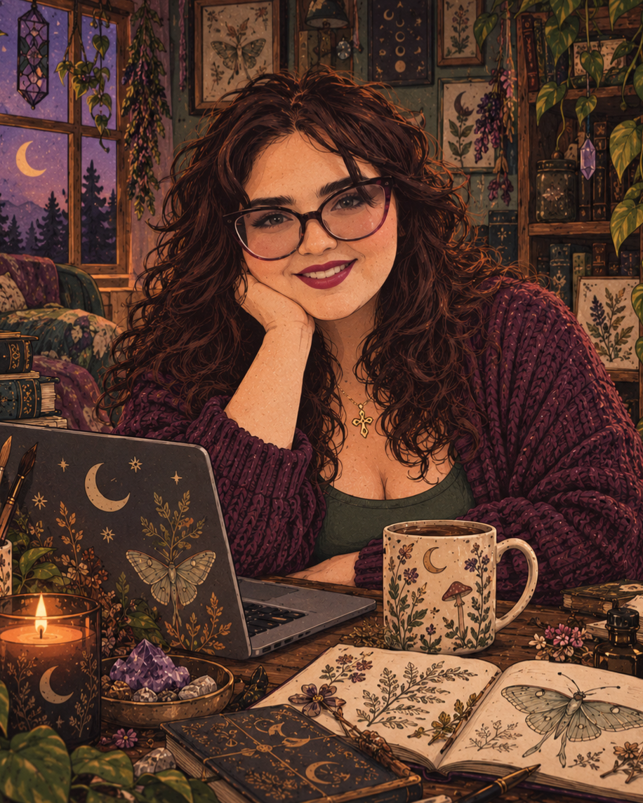 A woman with curly brown hair and glasses sits at a desk decorated with mystical and botanical items, smiling softly. The background includes framed butterfly and moon illustrations, lush green plants, and a window showing a night sky with stars and mountains.