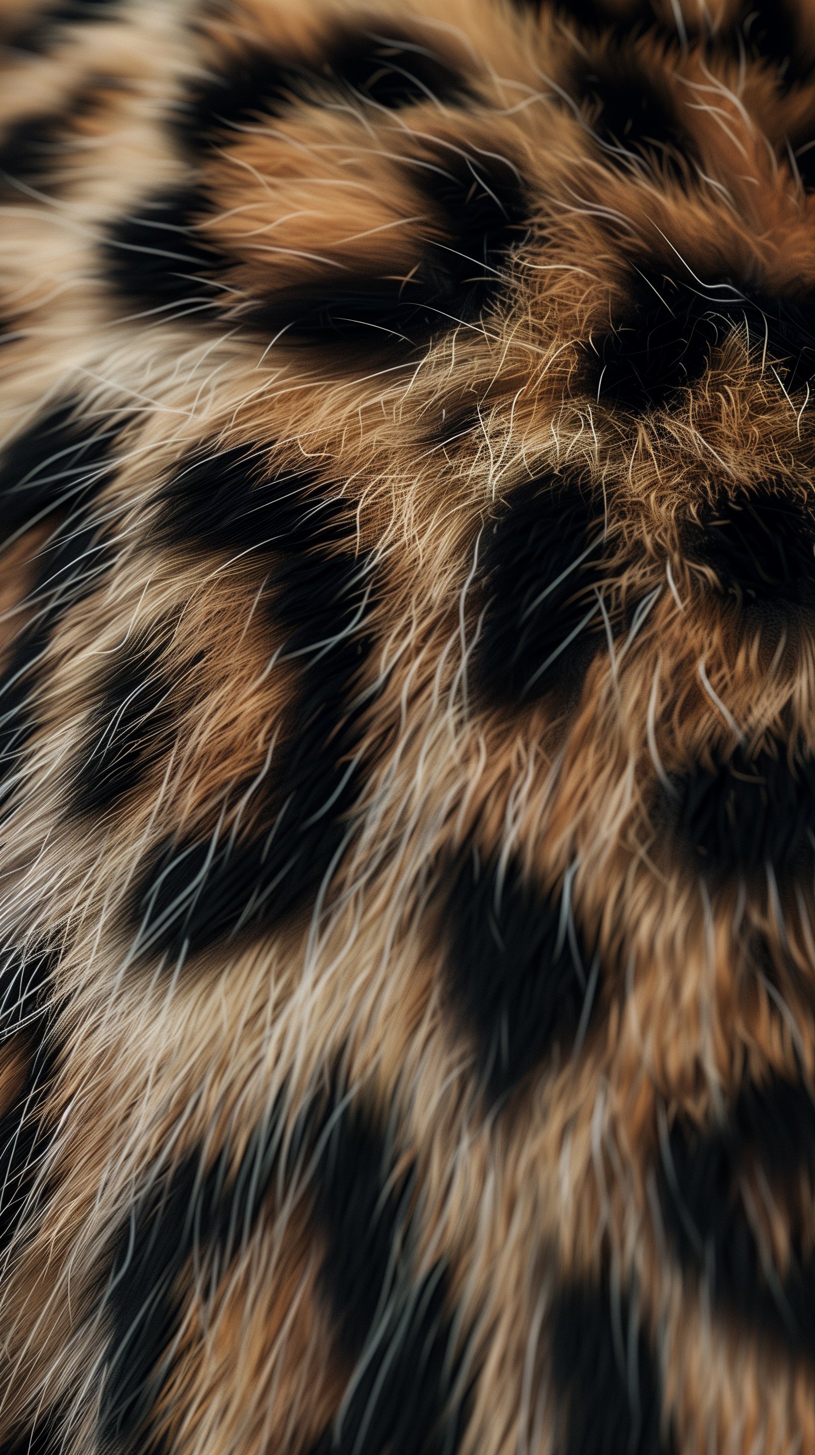 Close-up of animal fur with a mixture of black, tan, and white hairs.