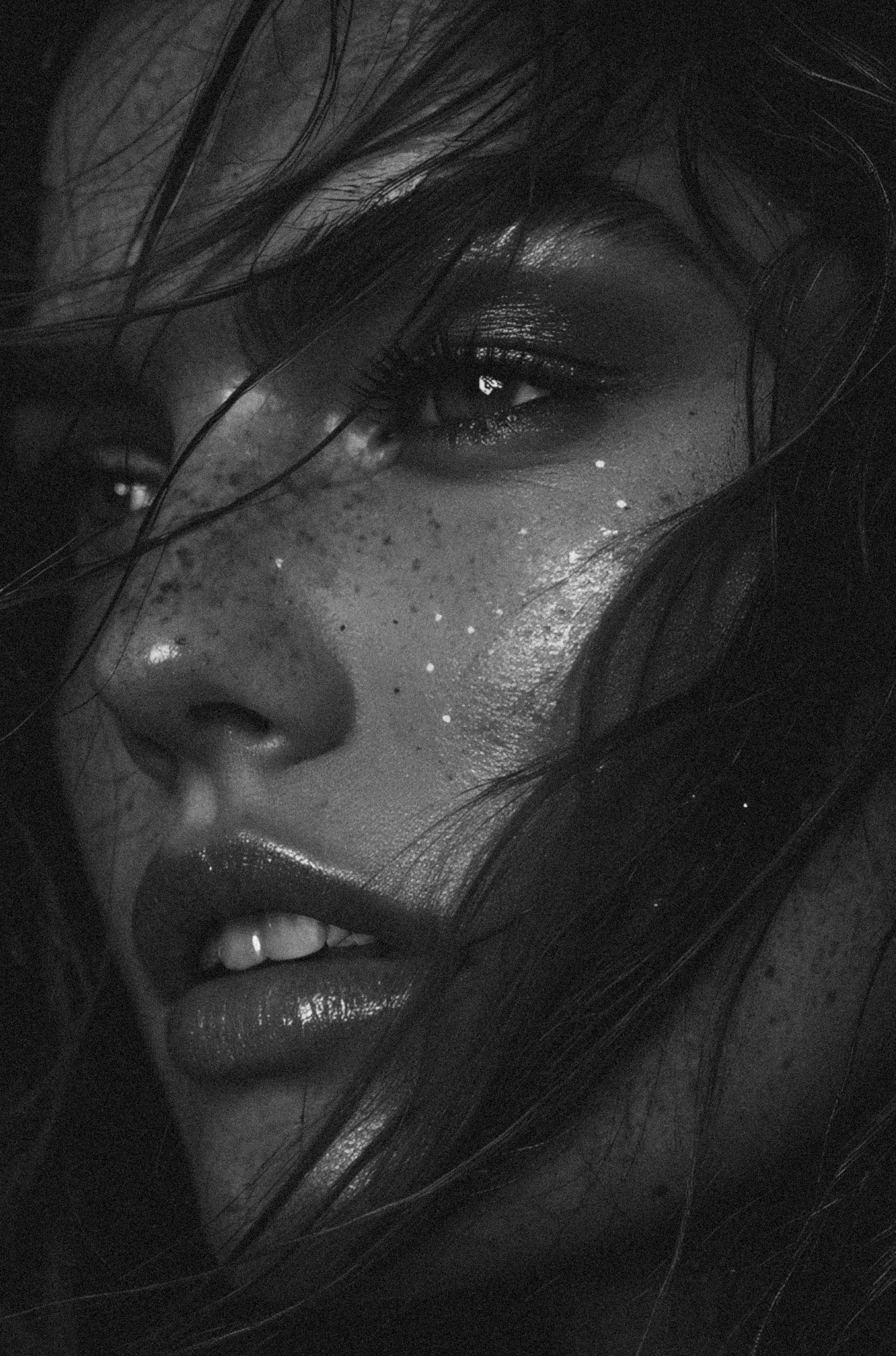 Close-up black and white photo of a woman's face with wet hair around her eyes and mouth, with freckles on her cheek.