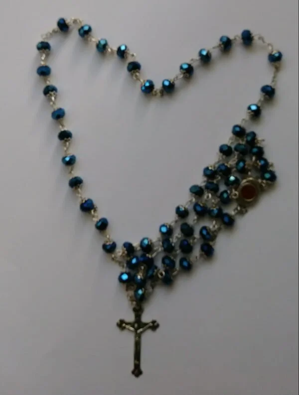 Blue Crystal Silver Plated Beads Rosary, Holy Soil, Medal Crucifix From Jerusalem in Velvet Bag