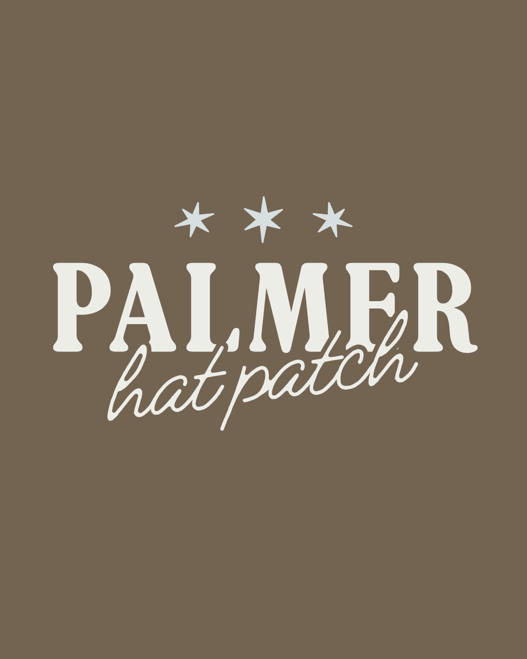 Text reading 'Palmer hat patch' with three stars above the text on a brown background.