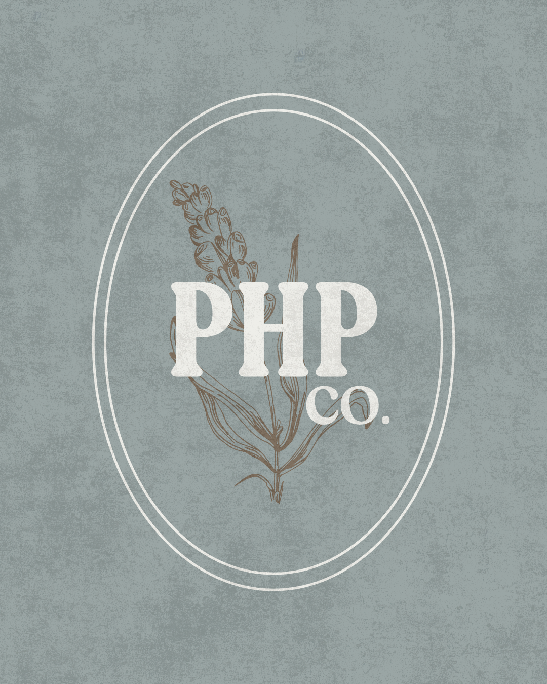 Logo for PHP Co. with a vintage botanical illustration of lavender and the company name in large white letters.