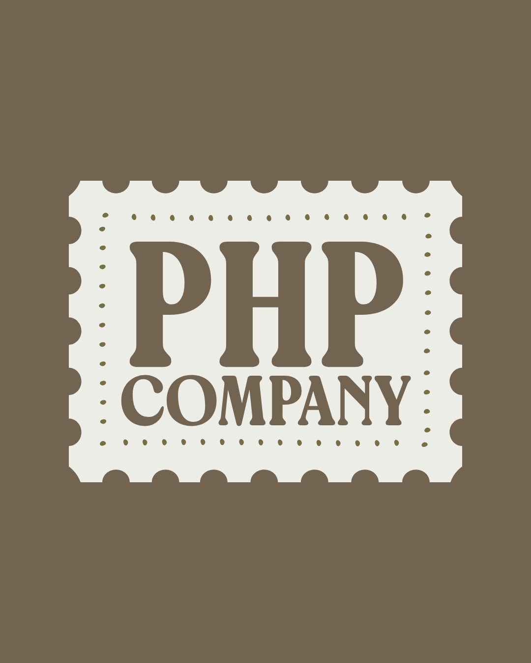 Logo of a PHP company with the text 'PHP COMPANY' inside a postage stamp design on a brown background.