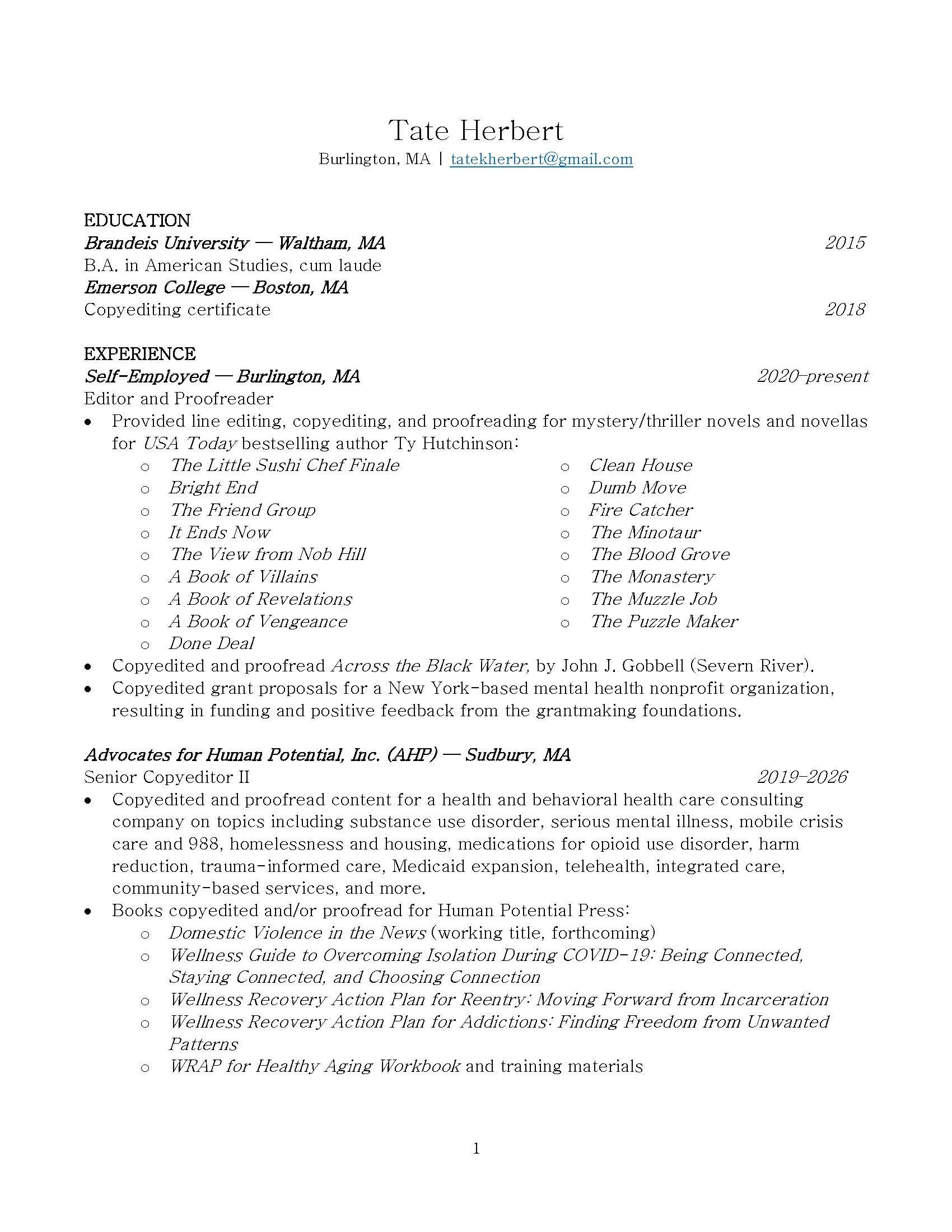 A resume page for Tate Herbert listing education and experience, with contact email, and various publications and projects in both fiction and nonfiction.