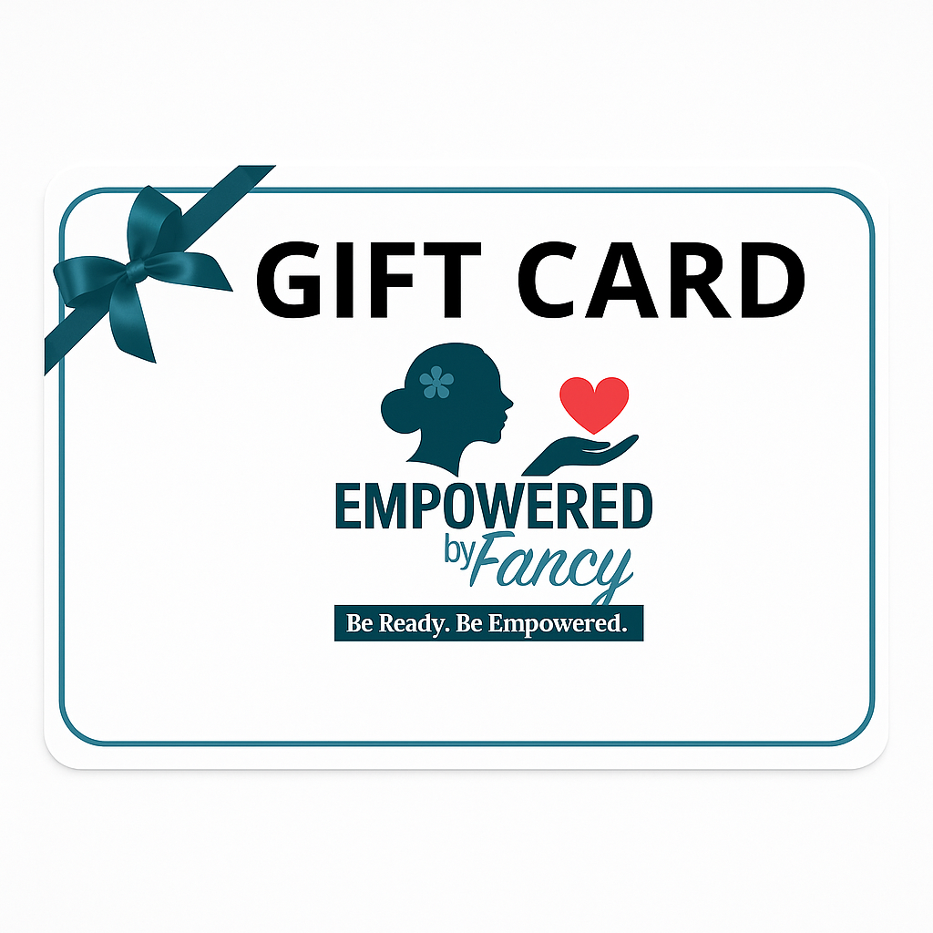 Gift card with a blue ribbon, featuring a silhouette of a woman with a flower in her hair holding a heart, with text promoting empowerment and readiness.