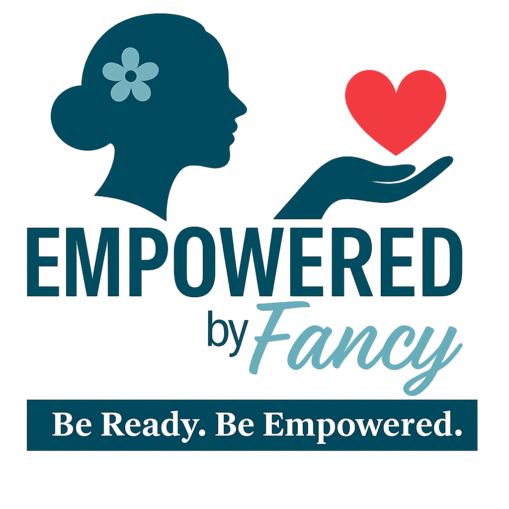 Silhouette of a girl with a flower in her hair holding a glowing red heart, with the words 'Empowered by Facey' and the phrase 'Be Ready. Be Empowered.'