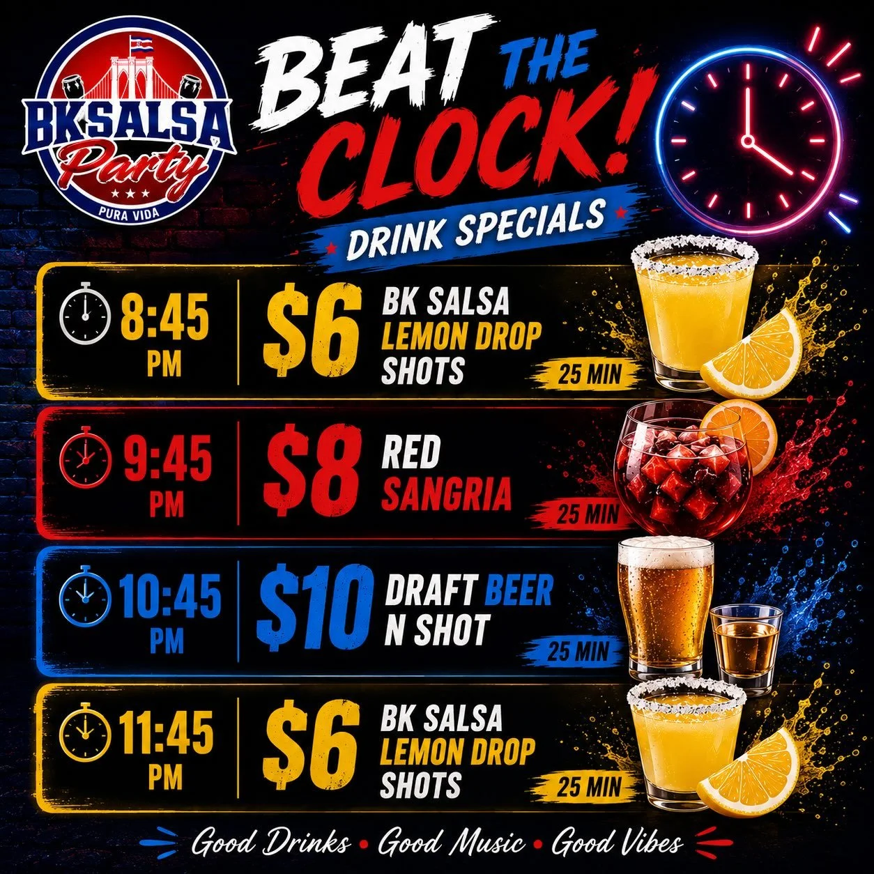 Puerta Del Alma and BK Salsa Party present beat the clock Specials!! Stay tuned for our giveaway announcement! Excited to see you all tonight! 💃🏻🕺🏽TONIGHTTTTT