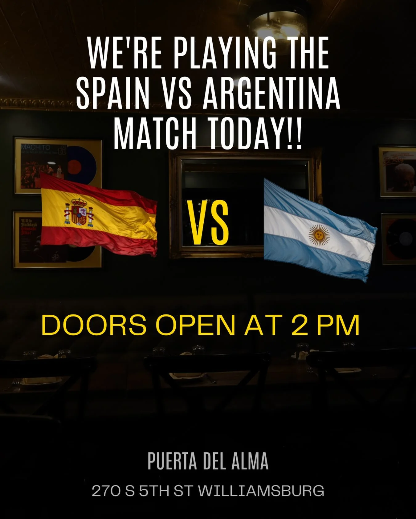 🇪🇸⚽🇦🇷 We&rsquo;re playing the Spain vs. Argentina game today at Puerta del Alma!
Bar bites will be available, doors open at 2 PM, and we&rsquo;re giving away both the Brooklyn and Staten Island cups.
📍 270 S 5TH
See you there!
#bkfifa #worldcup 