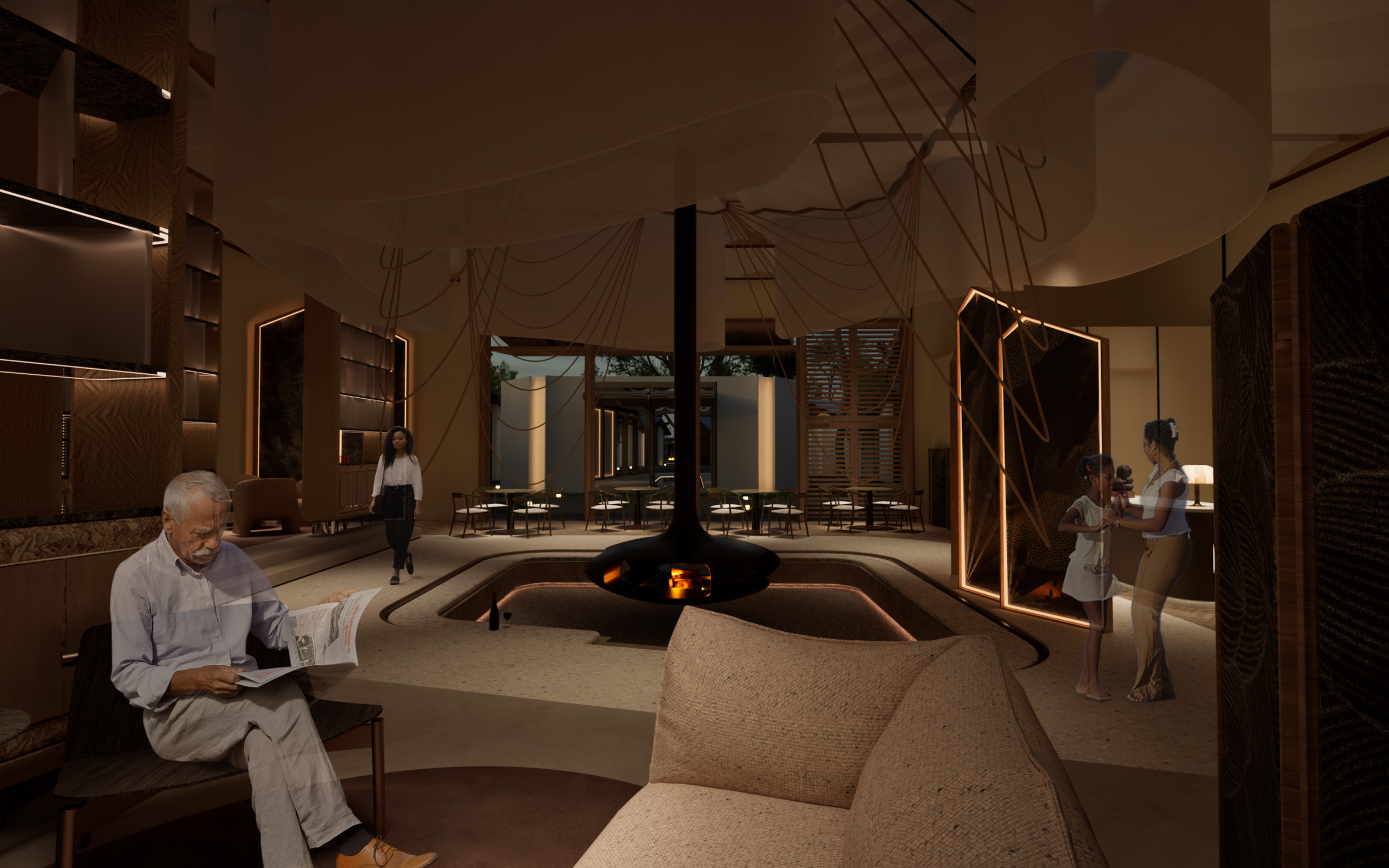 The Lobby Lounge of Sanctuary House hotel, a space that slows down the pace, inviting guests to detox and relax through the gathering and reading. 